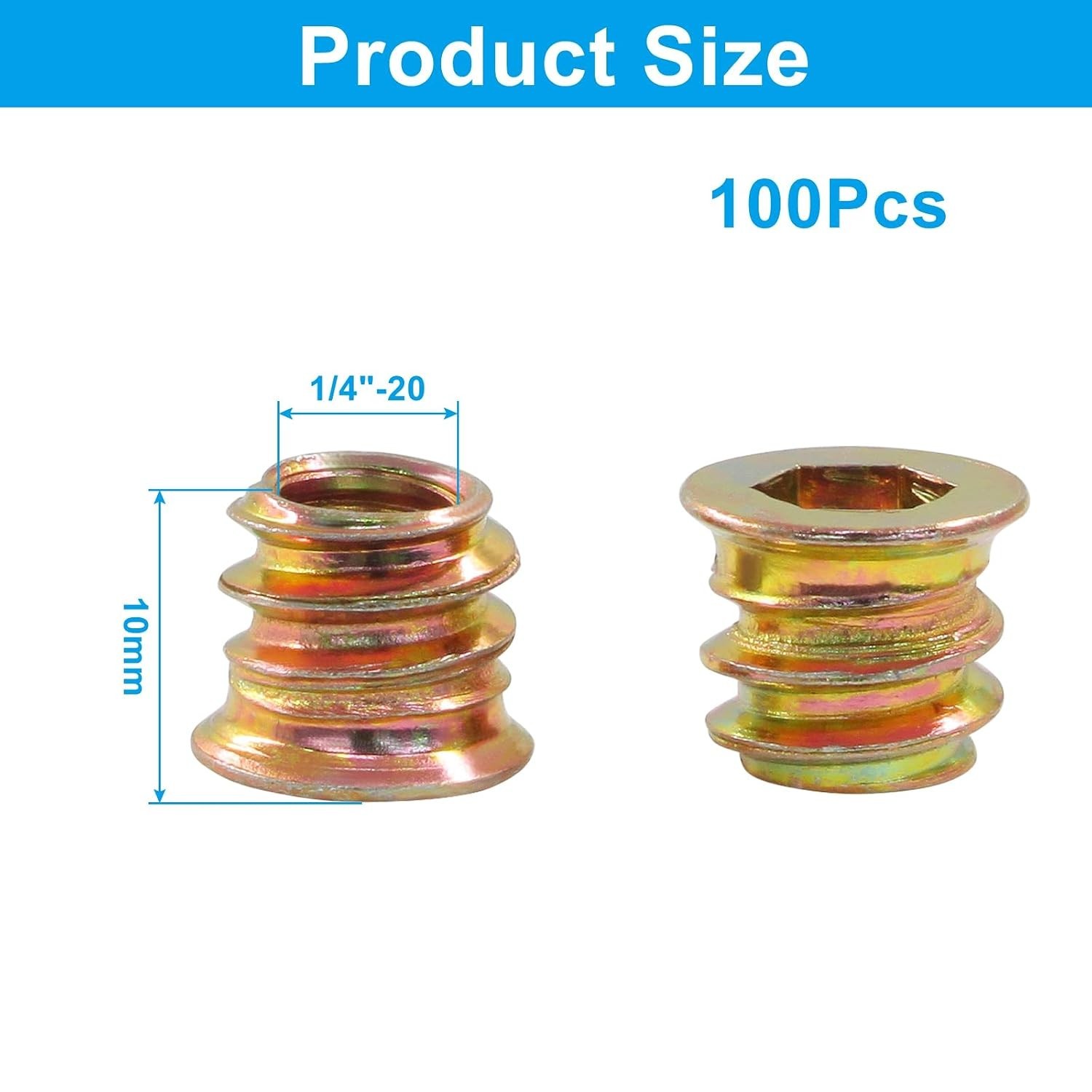 100-Pack 1/4-20 Threaded Wood Inserts for Furniture & DIY Projects