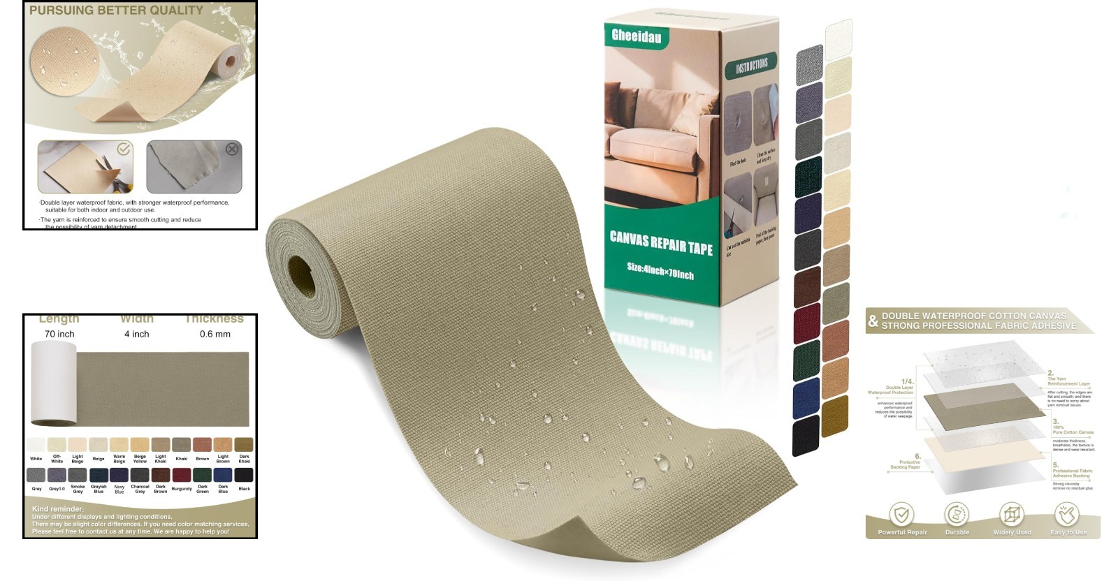 Durable 4×70 Inch Waterproof Canvas Repair Patch for Tents & Sofas – Khaki