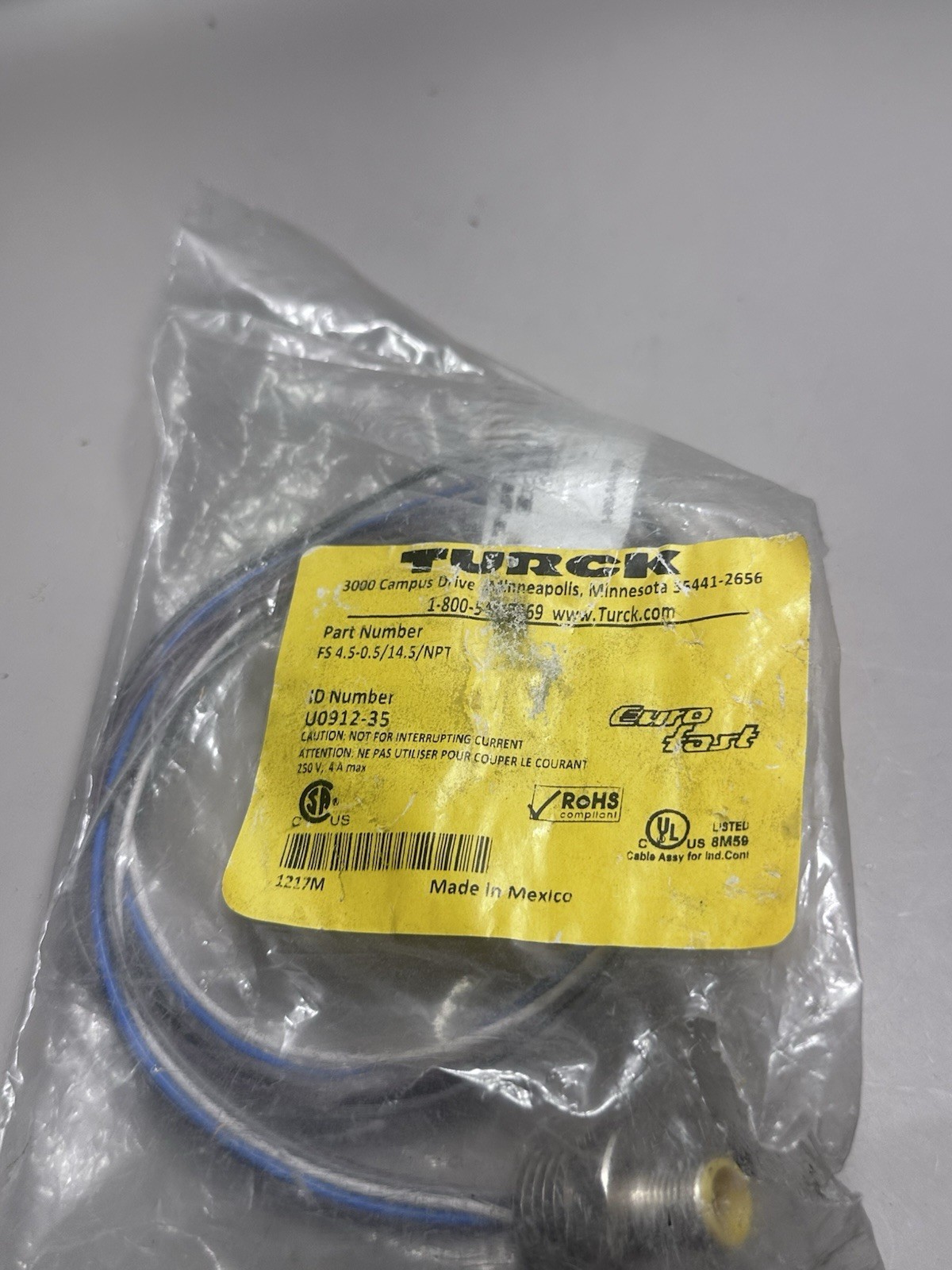 TURCK FS 4.5-0.5/14.5/NPT, EUROFAST MALE RECEPTACLE, U0912-35