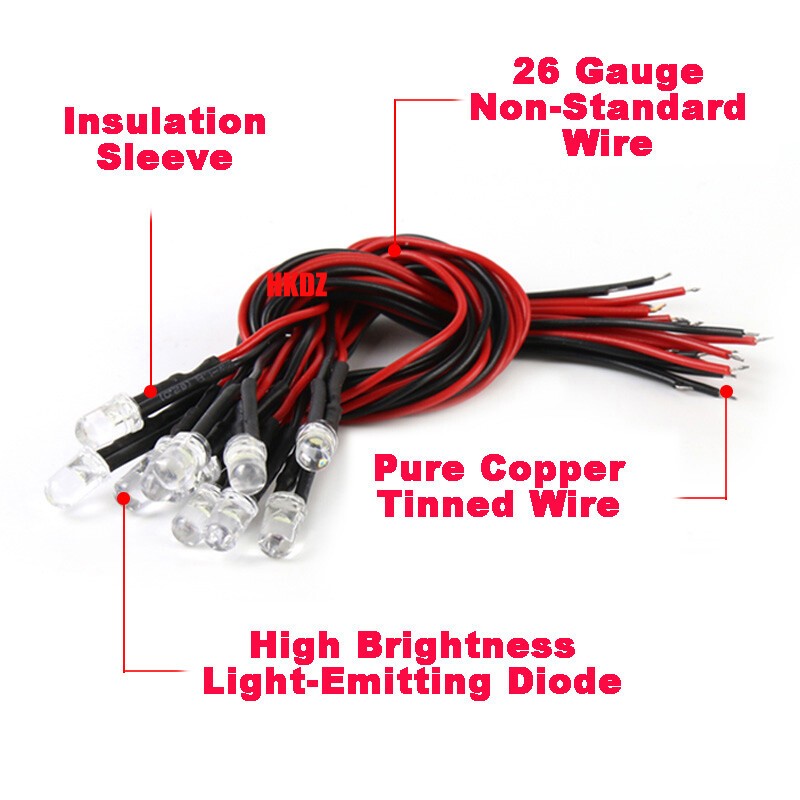 DC 5V~12V 3mm/5mm LED Bulb Pre wired Light Emitting Diodes Small 20cm Wire 0.1W