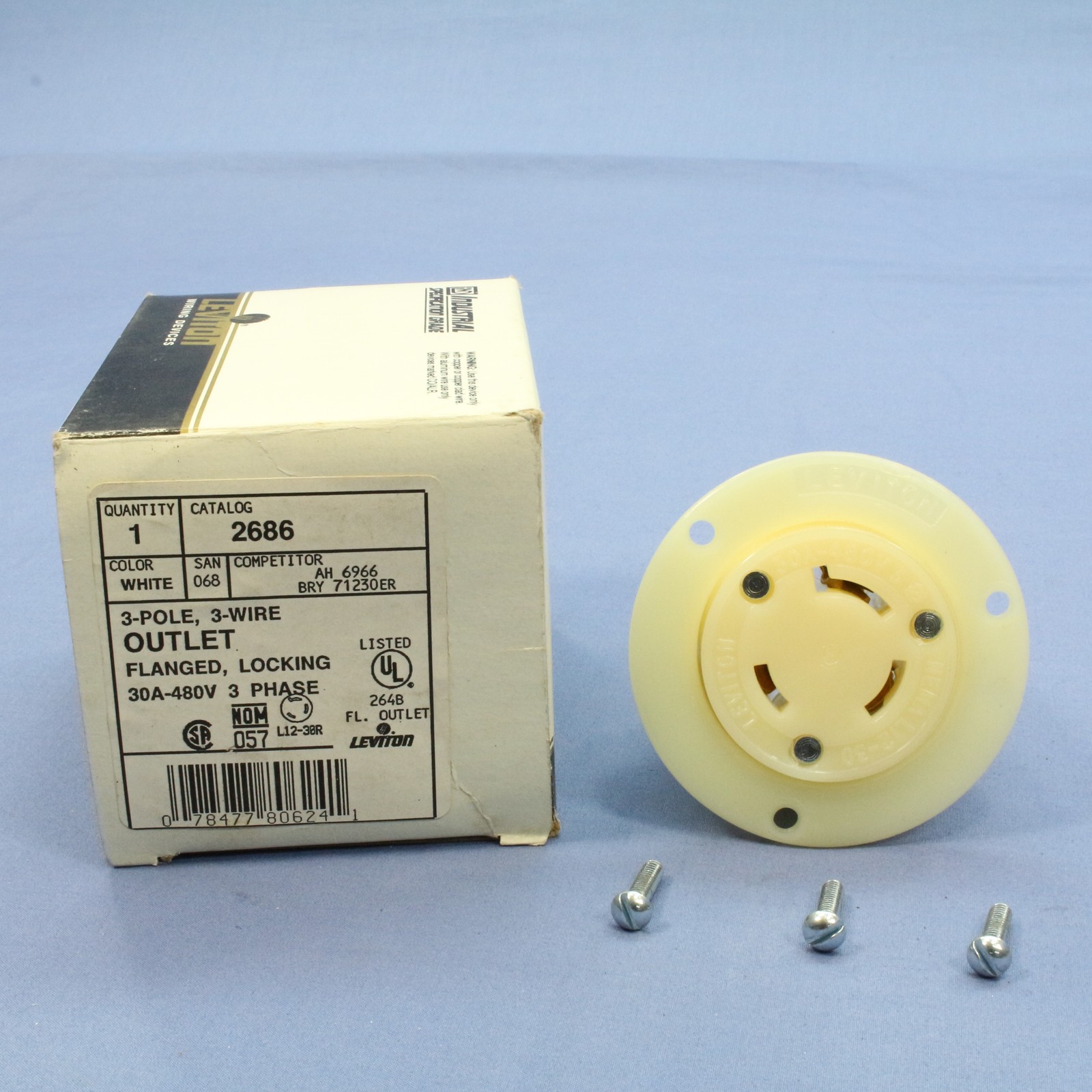 Leviton Twist Turn Locking Flanged Outlet Receptacle L12-30R 30A 480V 3� 2686