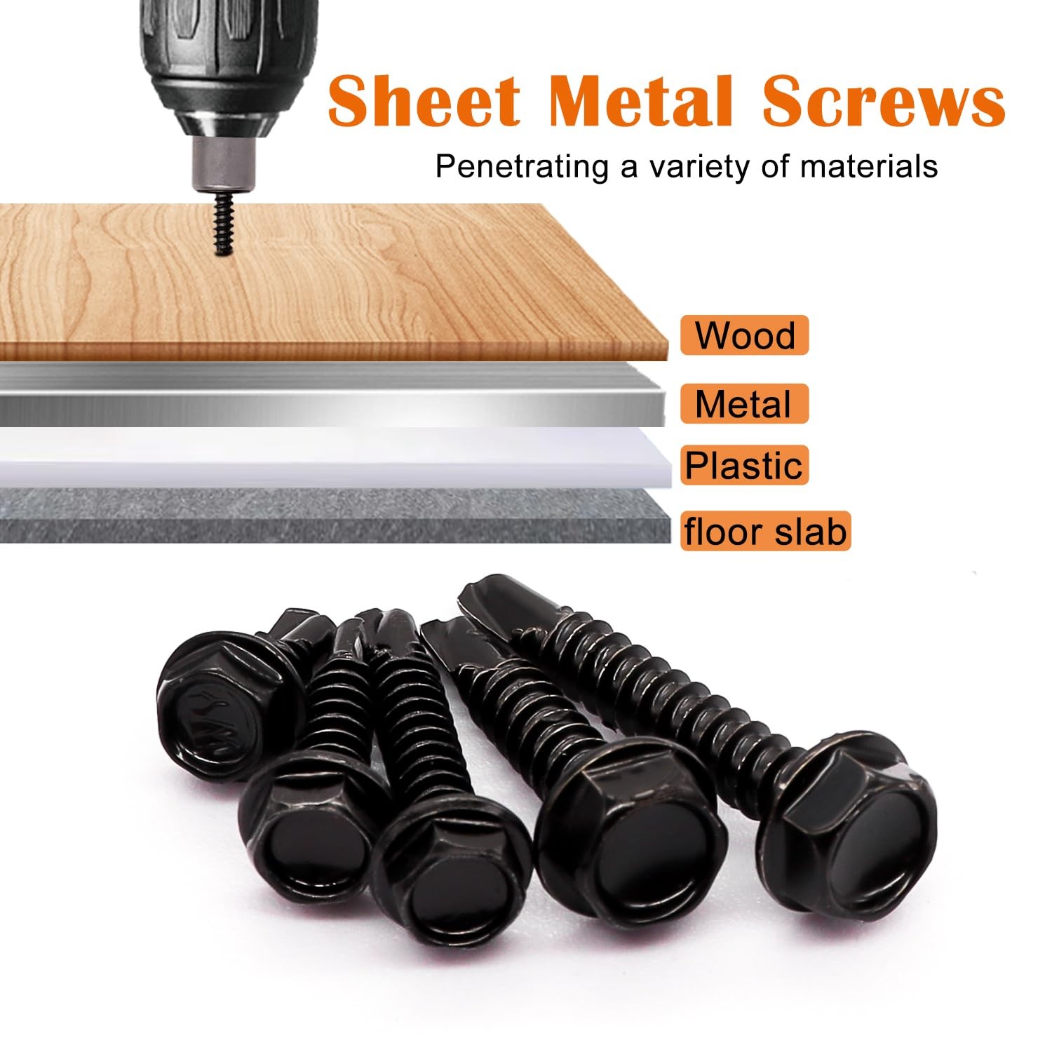 165pcs #8 #10 Self Tapping Screws Set 410 Stainless Steel Black Hex Washer Head