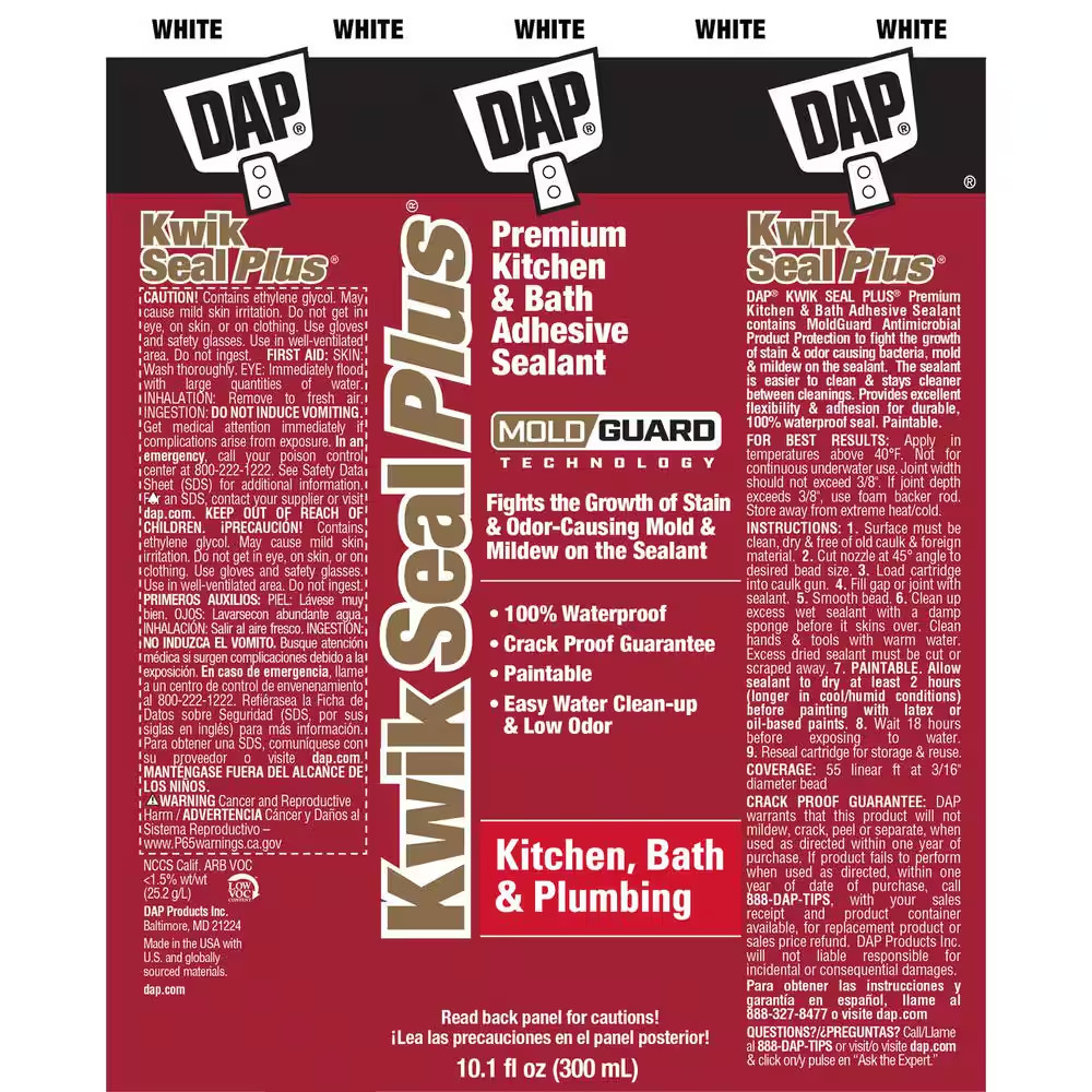 Kwik Seal plus 10.1 Oz. White Premium Kitchen and Bath Siliconized Caulk