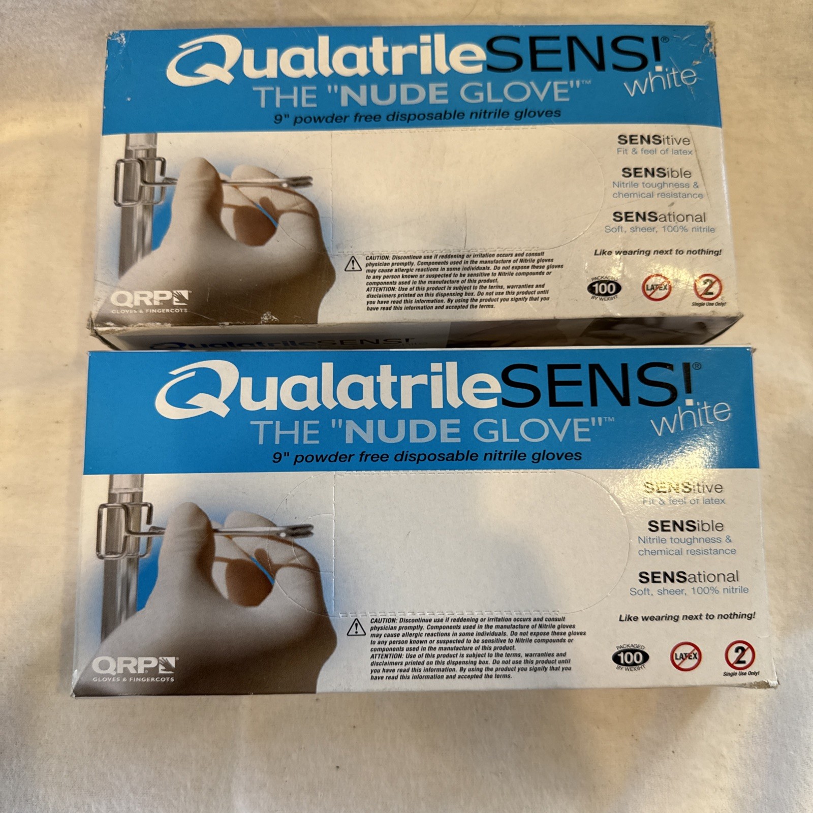 2 Quala Nitrile Exam Gloves, Non-Sterile, Powder-Free White Nude Glove Sz M