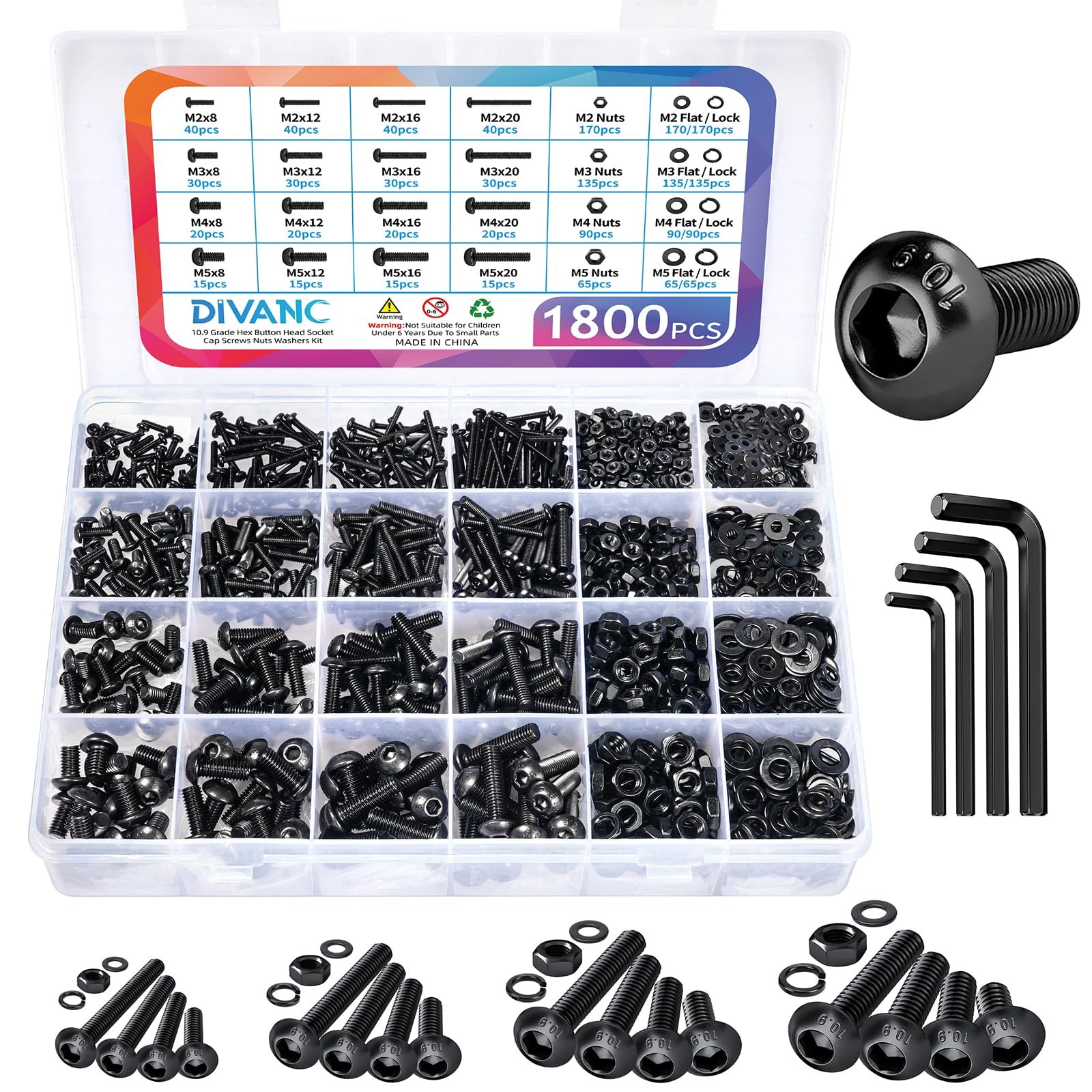 1800PCS Metric Screw Assortment, Bolt M2M3M4M5 1800PCS, Black