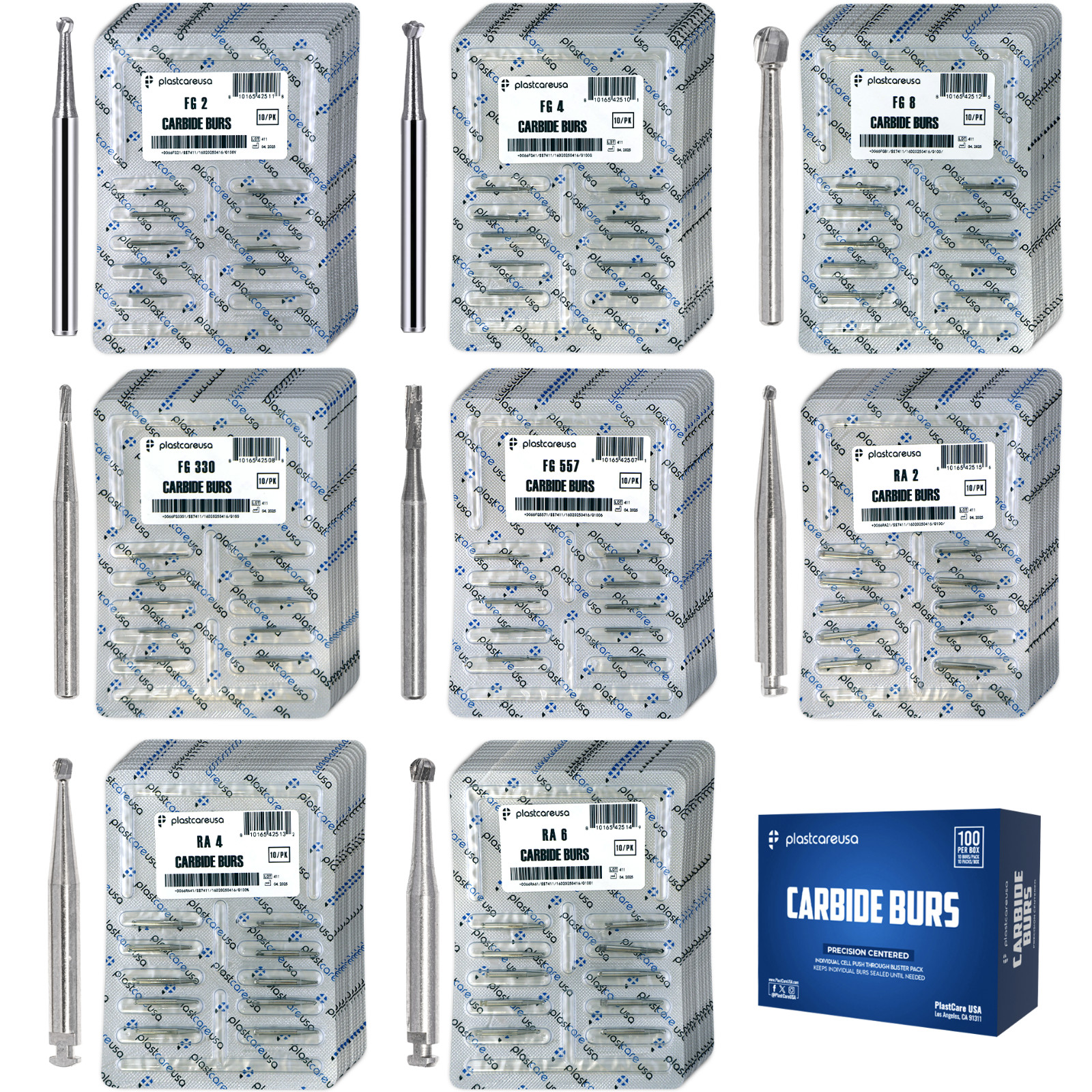 Dental Carbide Burs FG & RA for High & Low Speed, by PlastCare USA (Choose Qty)