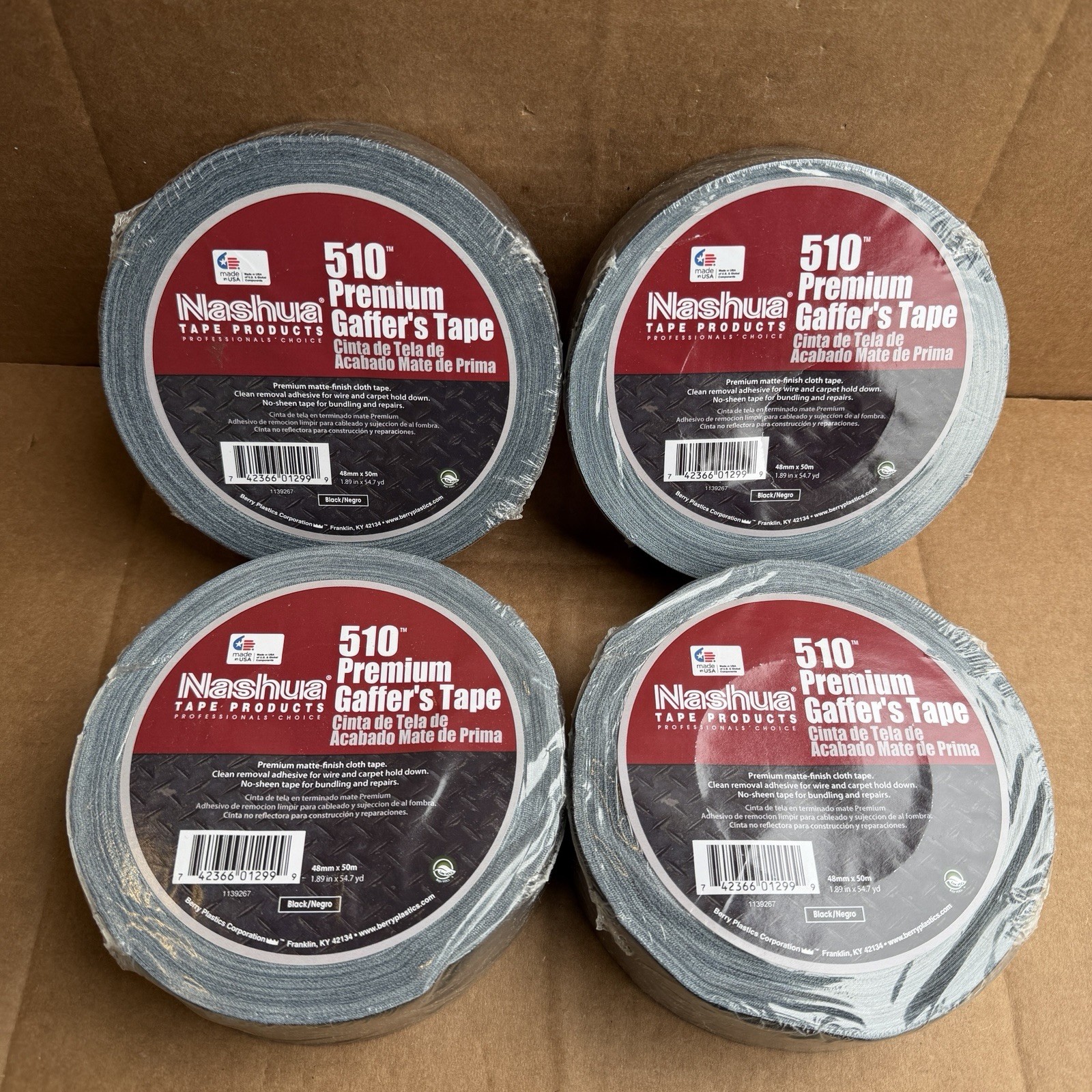 Lot Of – 4 Nashua 510 Premium Gaffer Tape Black 1.89in x 54.7yd Matte Cloth