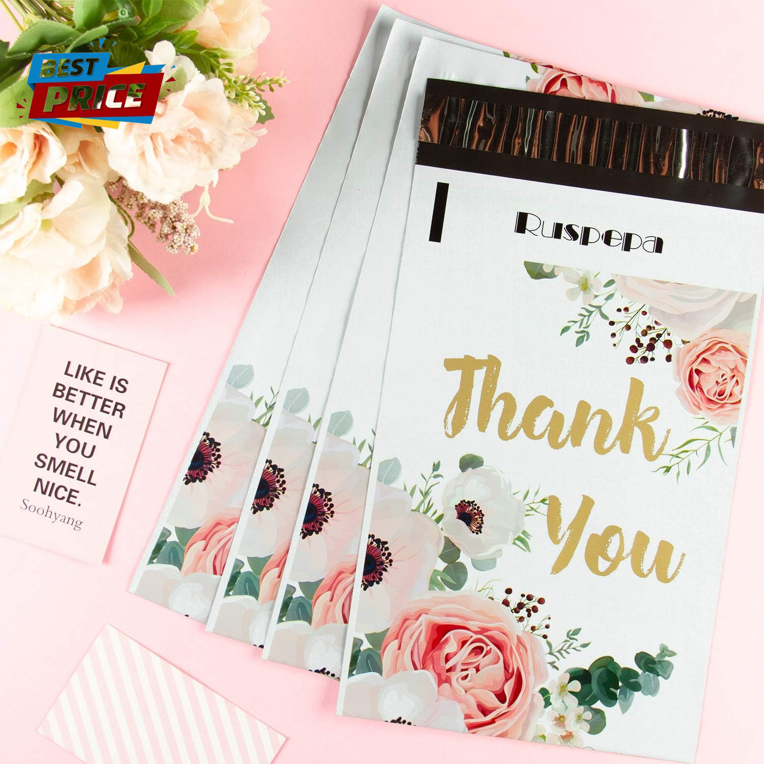 6X9 Inches Poly Mailers Shipping Bags Thank You Notes Flowers Surrounded White P
