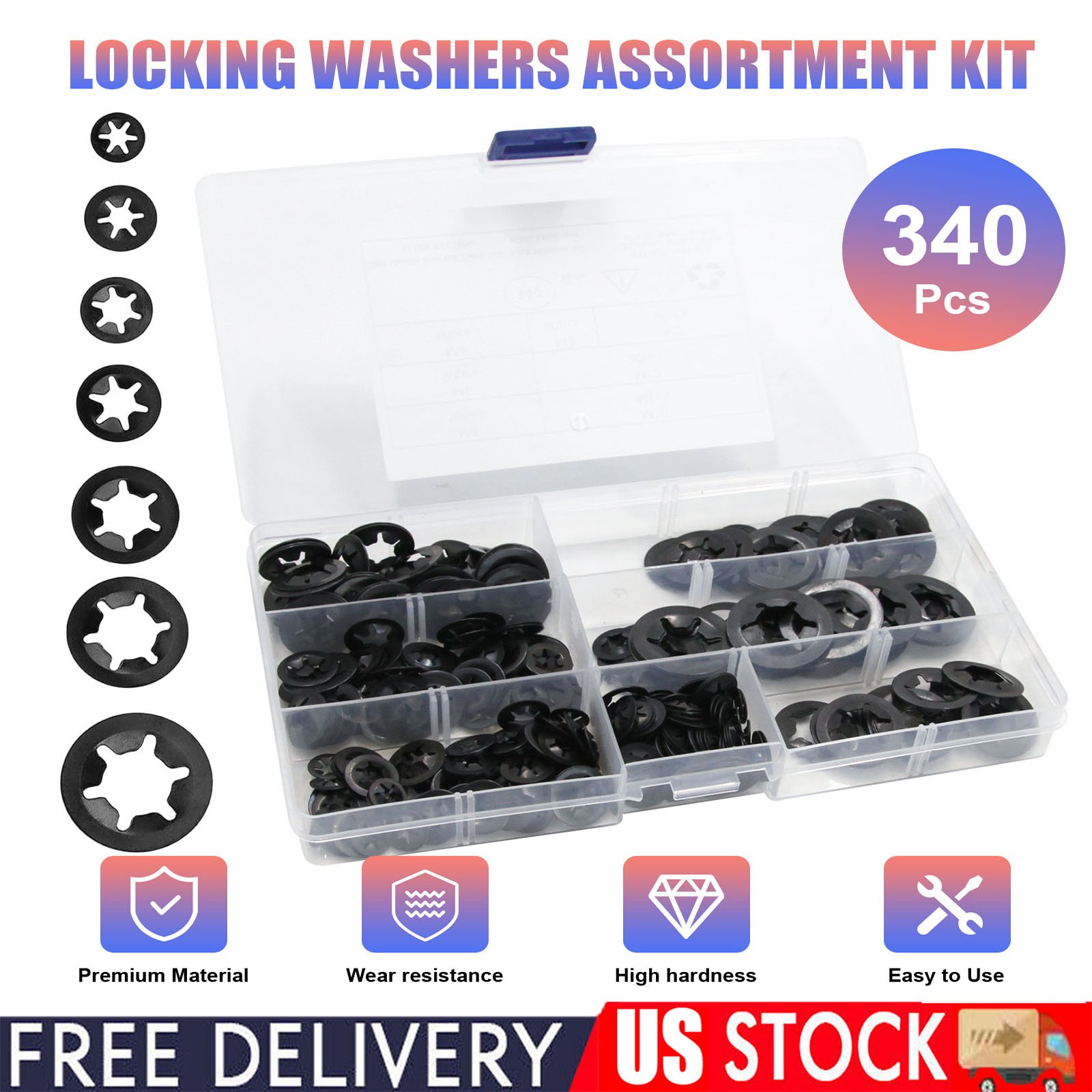 340pc Internal Tooth Star Lock Spring Quick Washer Push On Speed Nut Assortment