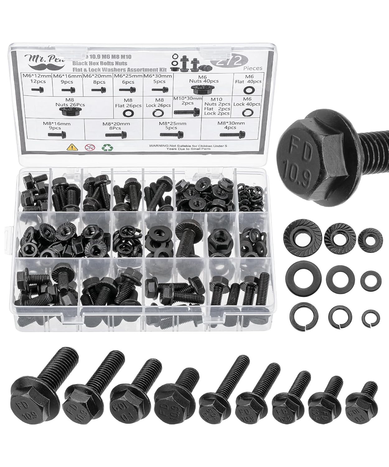 – Nuts and Bolts Assortment Kit, 272 Pcs, Black Carbon Steel, Grade 10.9, M6, M8