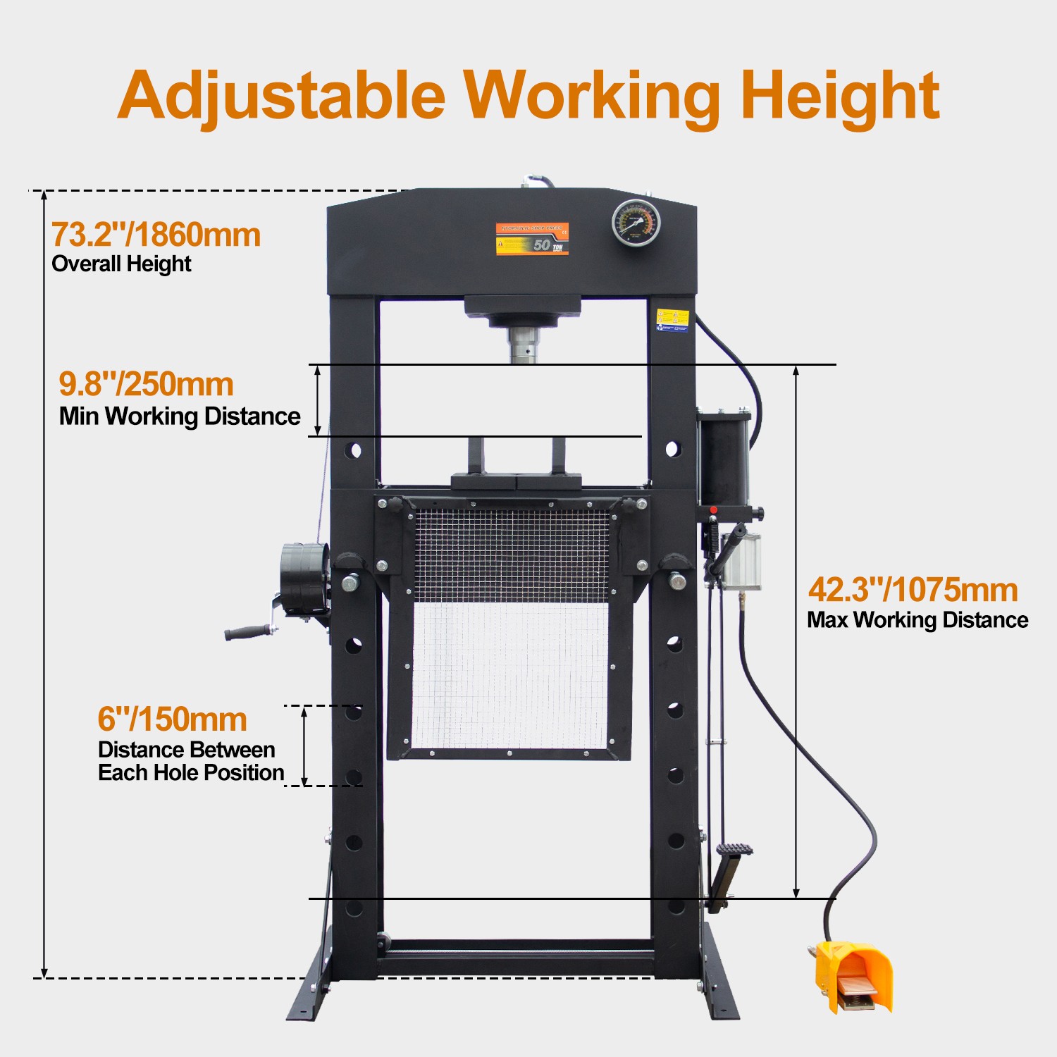 50 Ton Heavy Duty H-Frame Hydraulic Shop Repair Press with Triangular Support