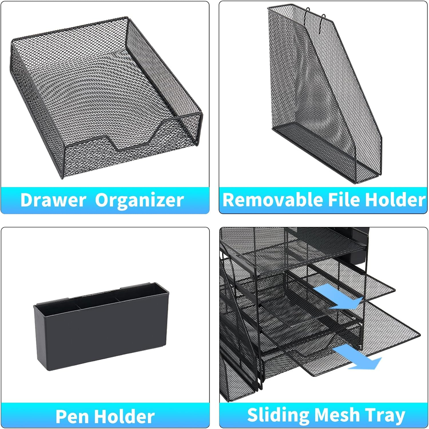 5 Tier Desk File Organizer with Drawer Pen Holder Metal Mesh Black