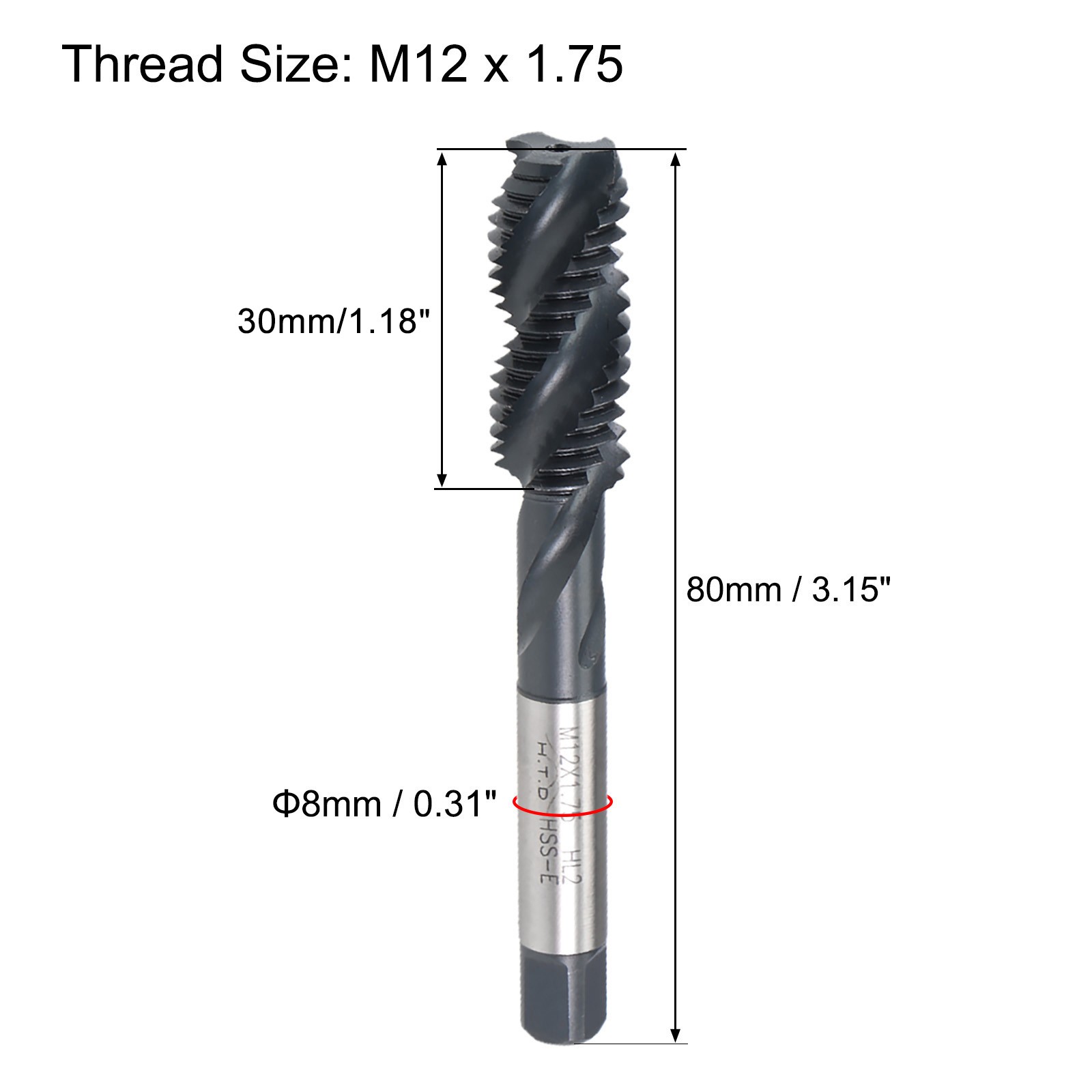 M12 x 1.75 Spiral Flute Tap Metric Machine Thread Tap HSS Nitriding Coated