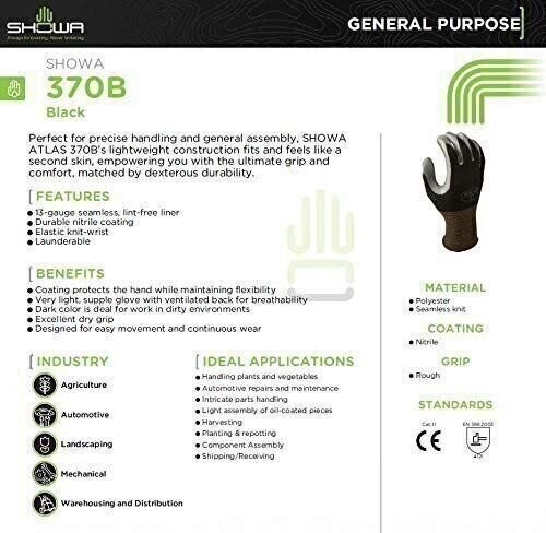 Showa Atlas 370B Black Work Gloves with Nitrile Coating (144 Pair Case/12 Dozen)