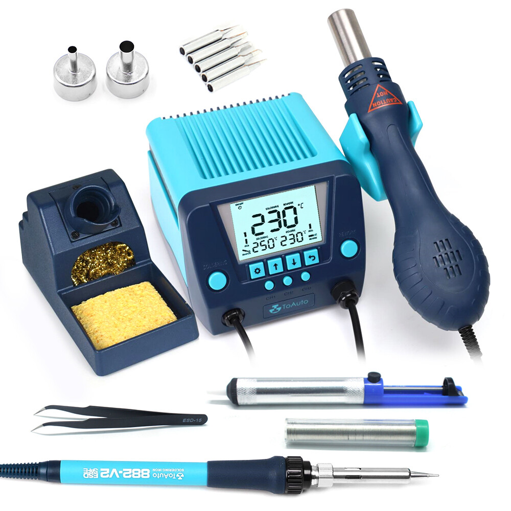 TOAUTO Soldering Station 2 in 1 Iron Hot Air Gun Rework Station Kit LCD Display