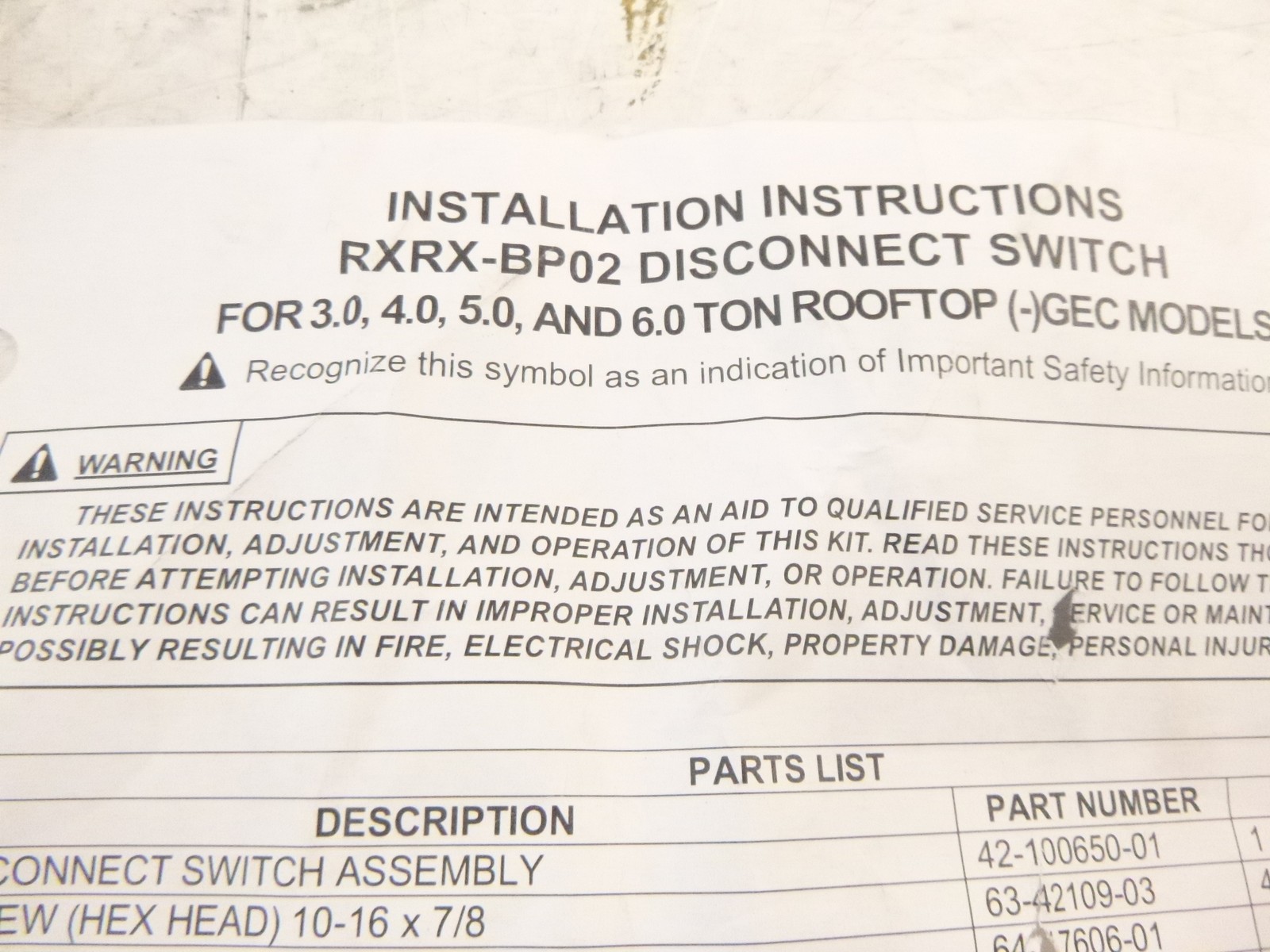 Rheem Disconnect Switch Assembly Kit for RXRX-BP02 3.0 4.0 5.0 Ton Rooftop GEC