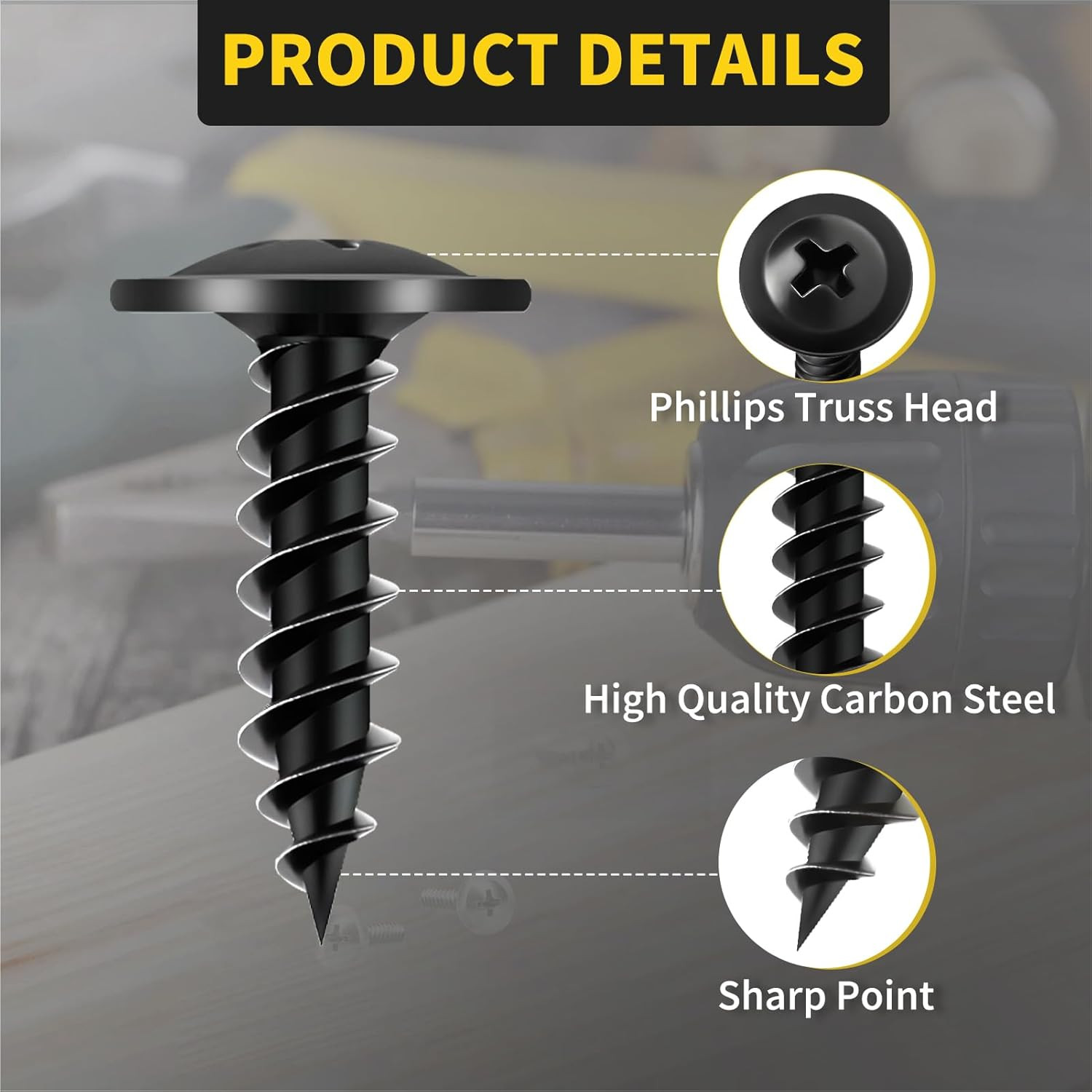 Wood Screws 3/4 Inch 125 PCS Premium Phillips Truss Head Black Wood Scr
