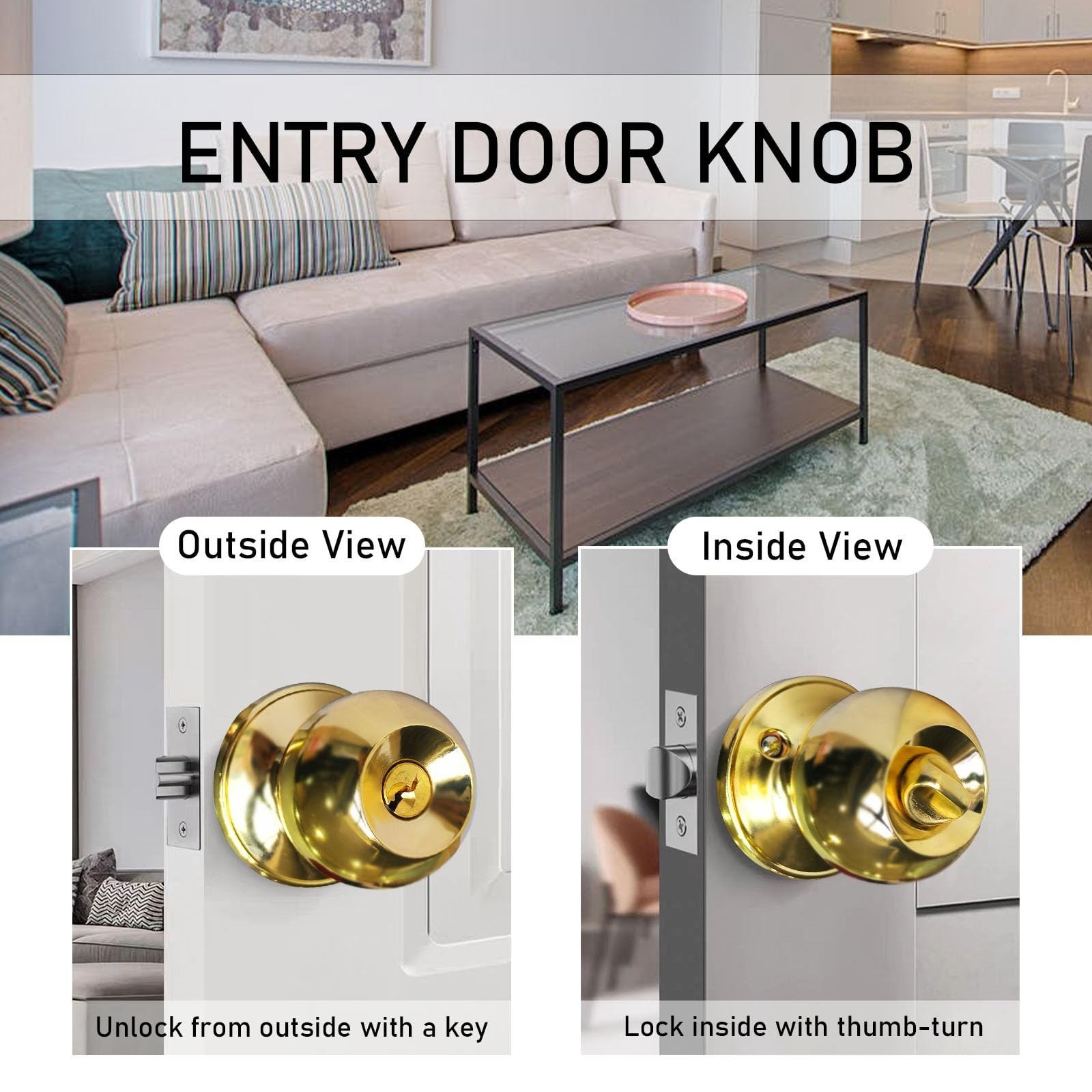 Gold Door Knobs with Lock and Keys, Interior and Exterior Door Lock, Standard…