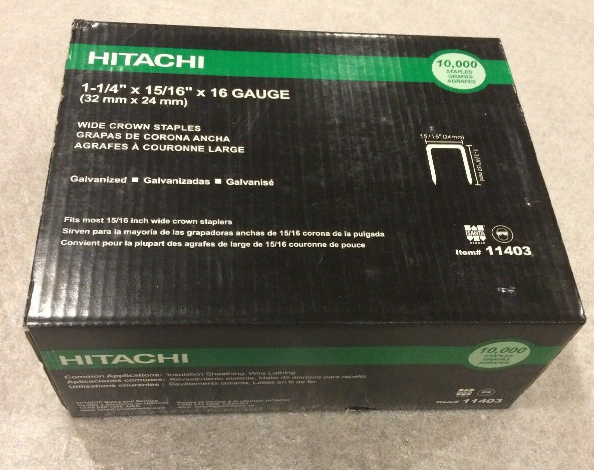 10,000 Hitachi 11403 1-1/4″ x 15/16″ 16 Gauge Wide Crown Galvanized Staples