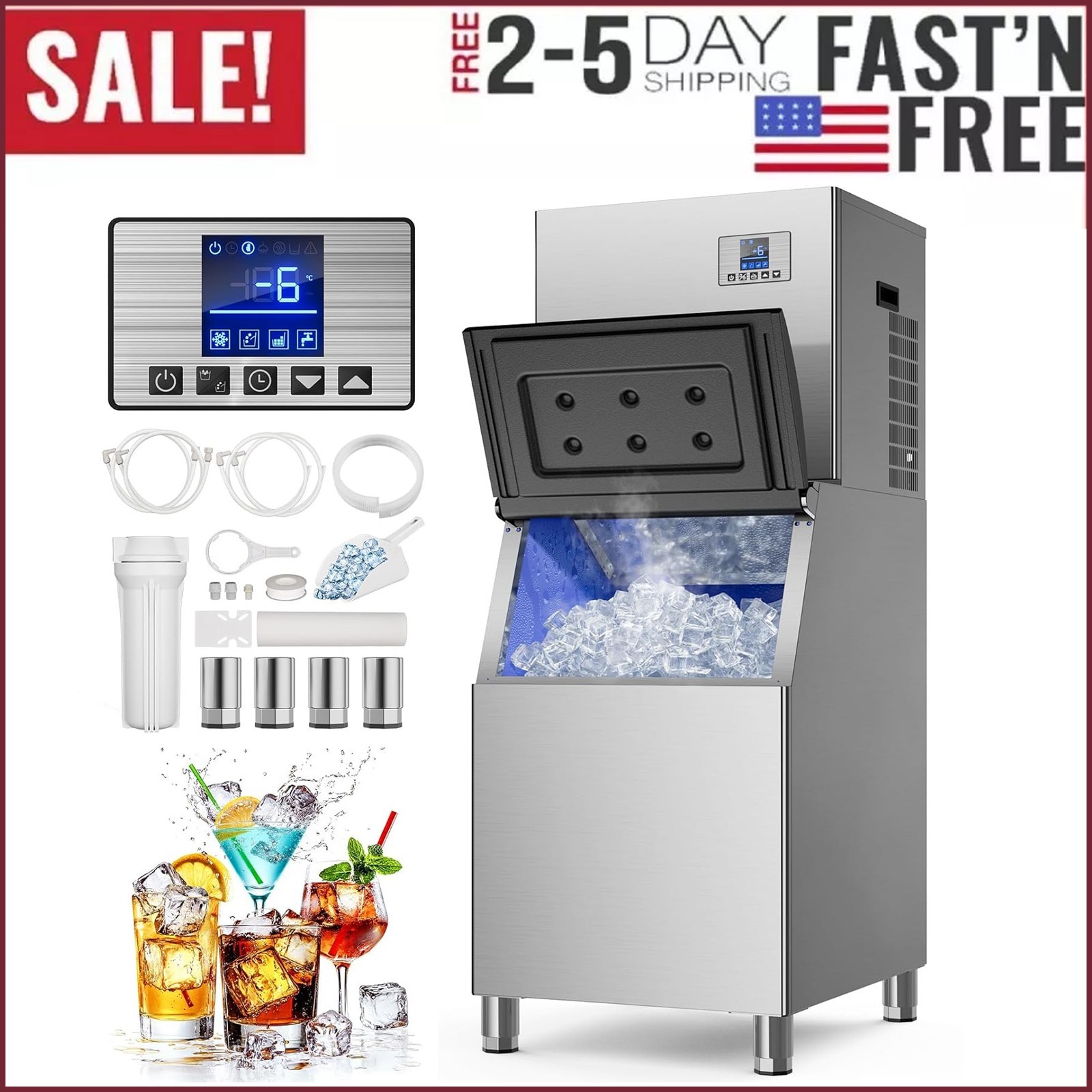 Commercial Ice Maker Machine 680LBS/24H, 560LBS Storage Bin Commercial Ice Maker