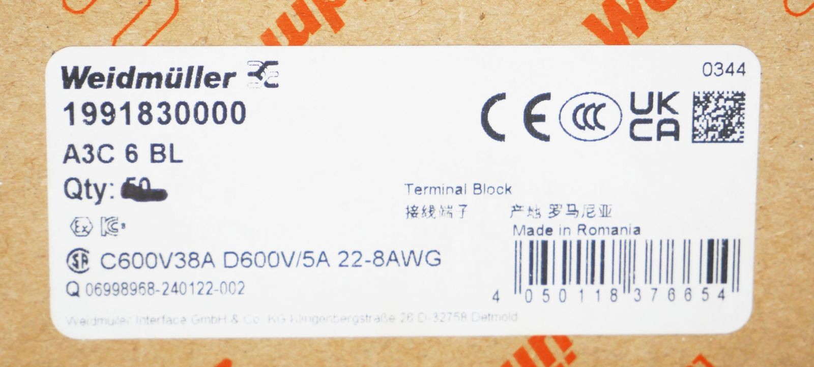 48x Weidmüller 1991830000 A3C 6 BL 800V 6mm² feed-through terminal block-unused-