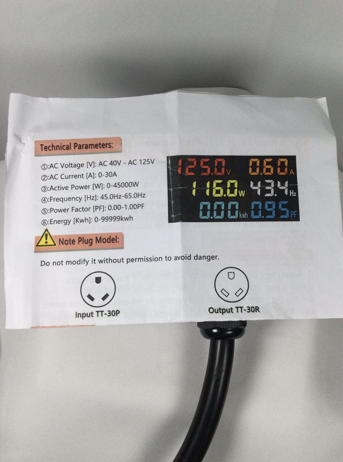 30A AC Power Meter 125V NEME TT-30P To TT-30R Outlet LCD Display READ Below