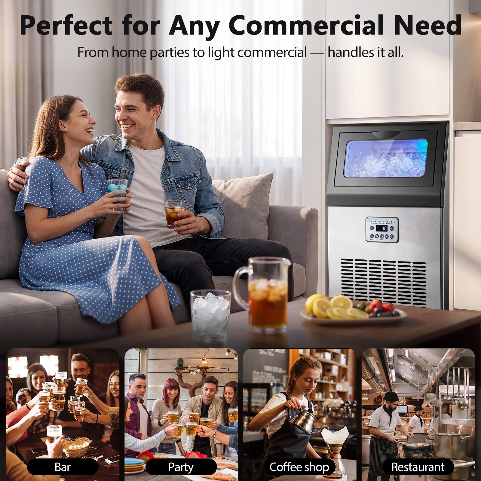 Zomagas 80lbs/24H Commercial Ice Maker Self Cleaning LED Display Blue Light