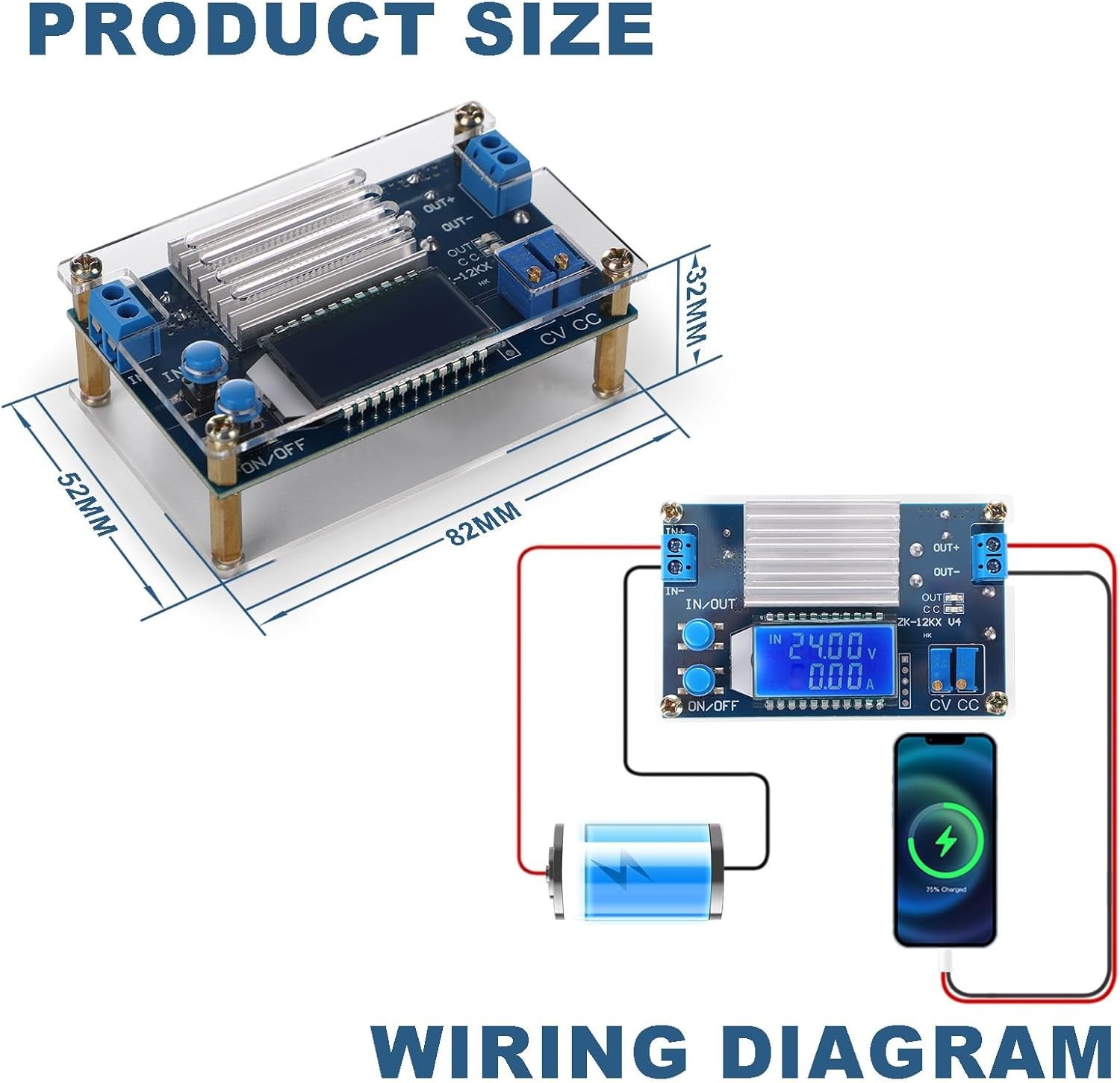 Adjustable DC Buck Converter 5.3-32V to 1.2-32V 12A LCD Display Power Supply