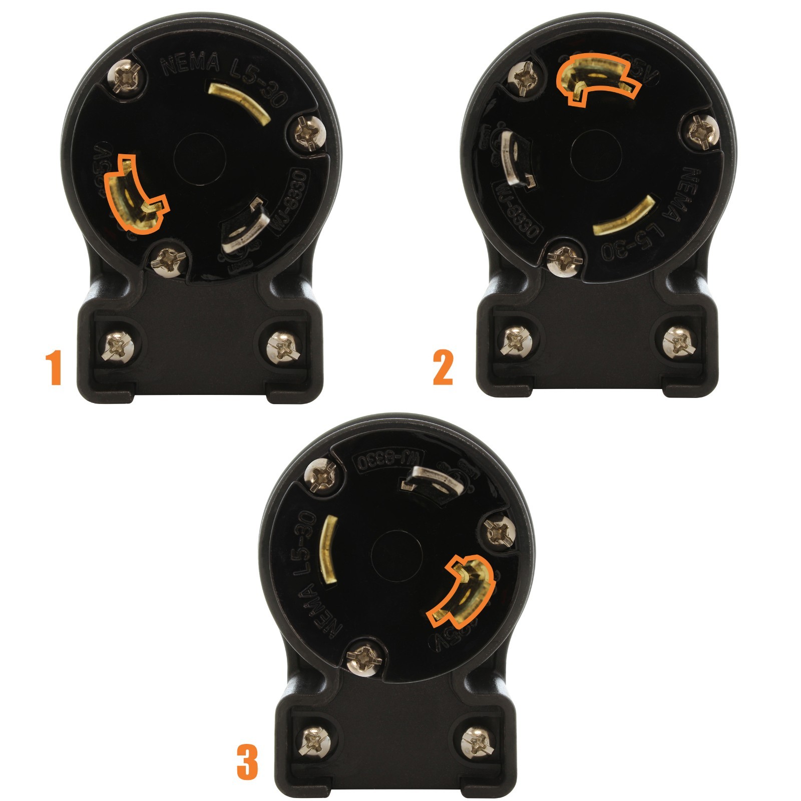 AC WORKS® Right Angle NEMA L5‑30P Plug, 30A 125V Locking Male 3-Prong