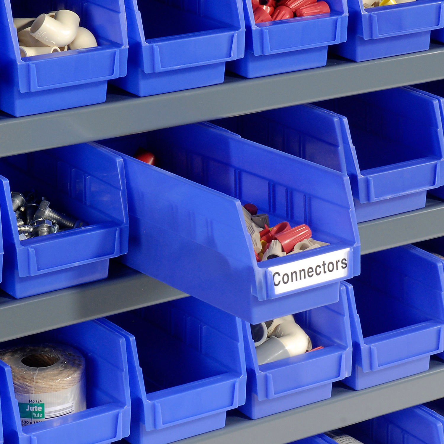 7 Shelf Steel Shelving with (48) 4″H Plastic Shelf Bins Blue 36x12x39