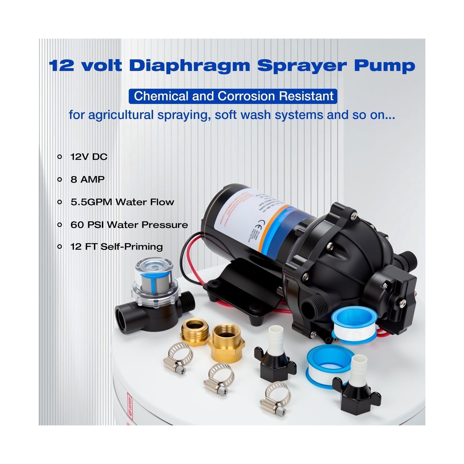 5.5GPM 12 Volt Sprayer Pump, Soft Wash Pump, 60PSI, 10 Amps, Chemical and Cor…