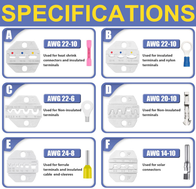 Set 8PCS Crimpadora p/ Term. Aislados, No Aislados, Barril, Solares y Más, Nouve