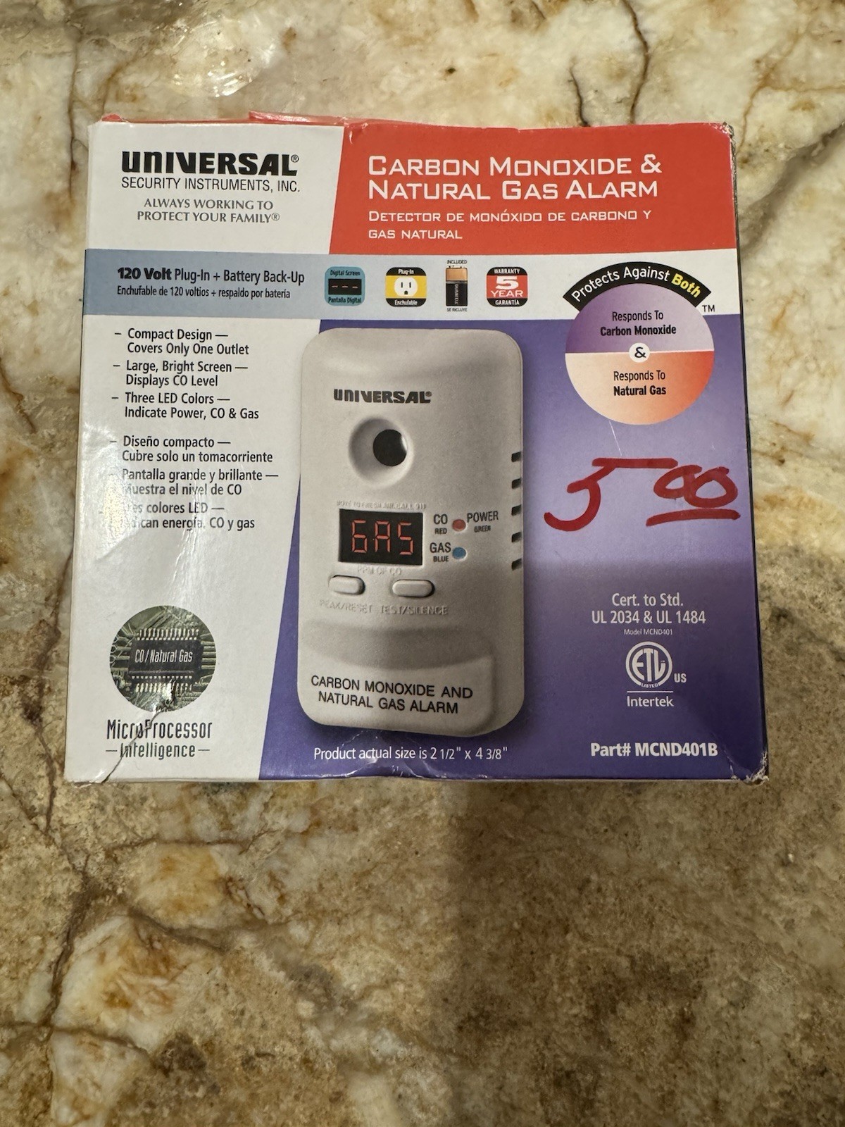 Universal Security Instruments Plug-In Carbon Monoxide Natural Gas Alarm New