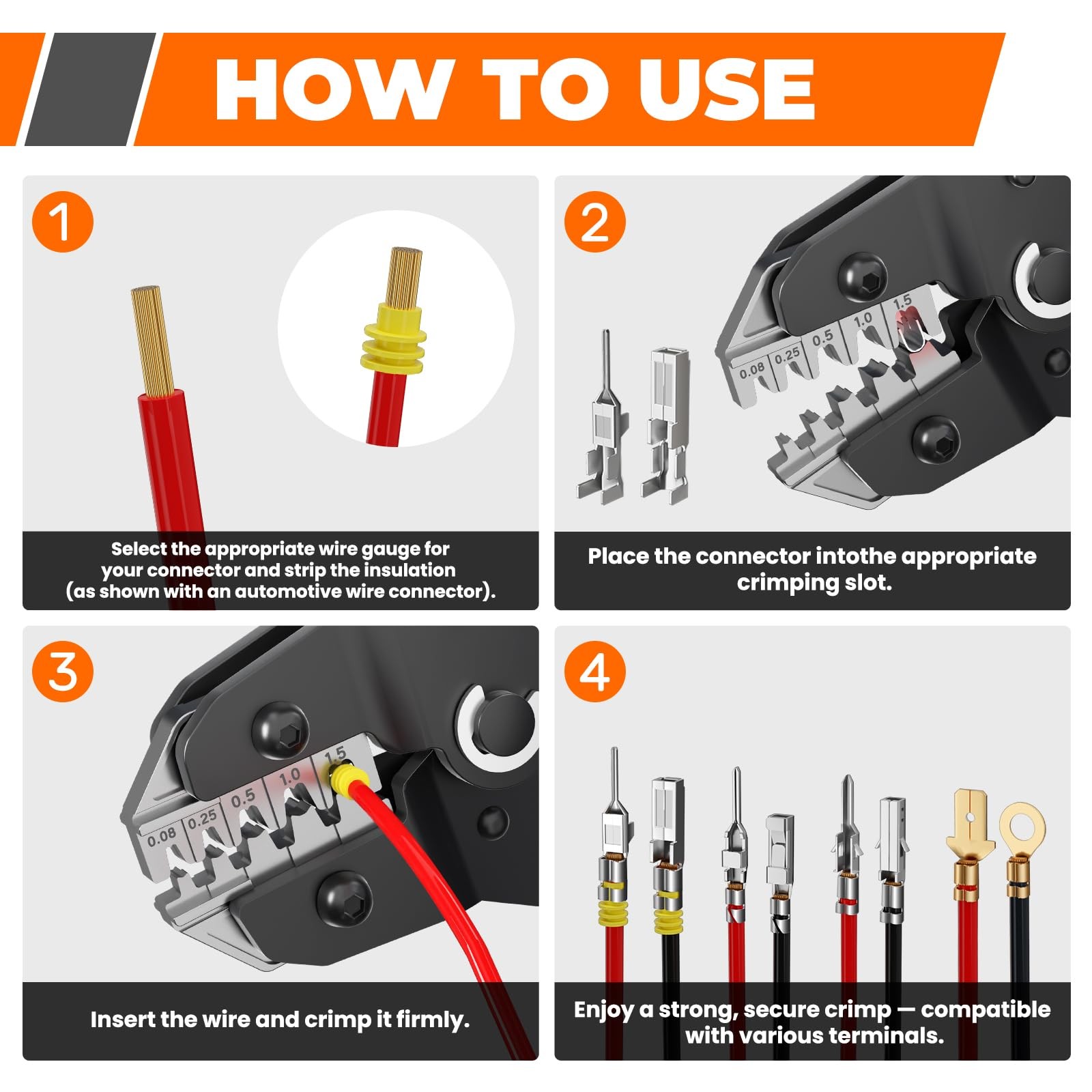 Noxtren 5-in-1 Wire Crimping Tool, AWG 28–16 Ratcheting Pin Orange, Black
