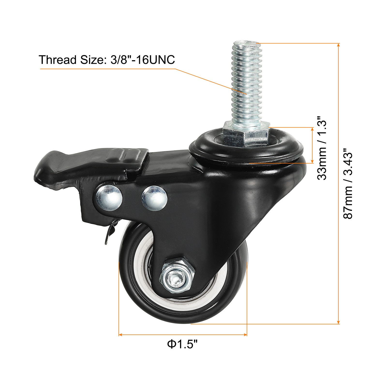 4 x 1.5″ Swivel Threaded Stem Casters 3/8″-16UNC PU Wheel Brake 88lbs Load Black