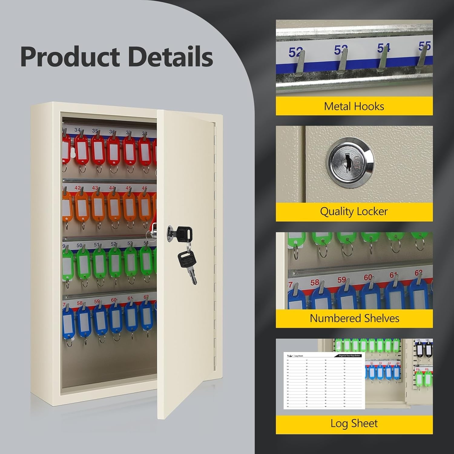 Key Box Cabinet, Wall Mount 64/100 Position Metal Locking Key Cabinet Organizer