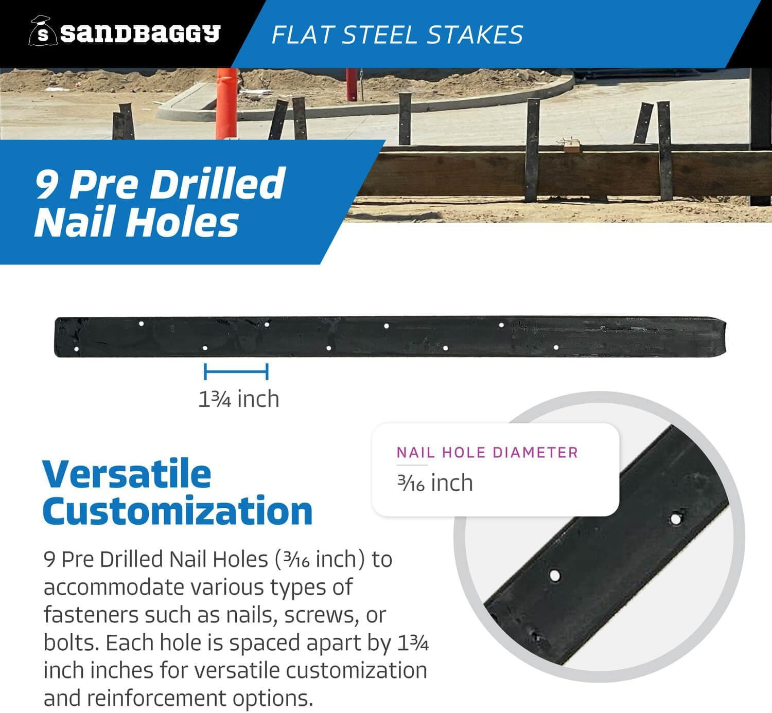 24″ Flat Steel Stakes for Concrete Forms with Nail Holes – 1.5″ Wide – Painted –