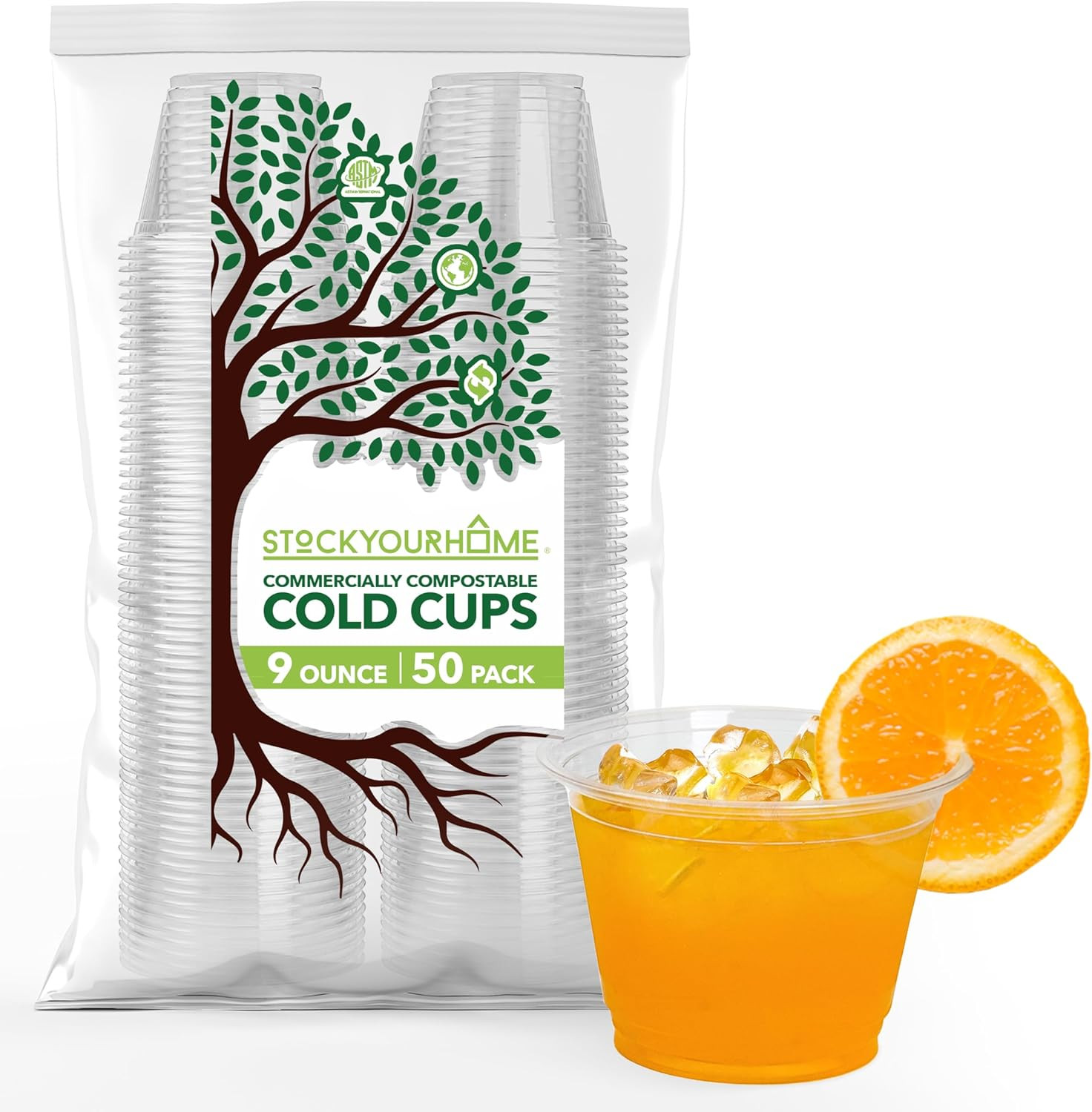 Stock Your Home 9 Oz Commercially Compostable Cold Cups (50 Pack), Eco Party Cup