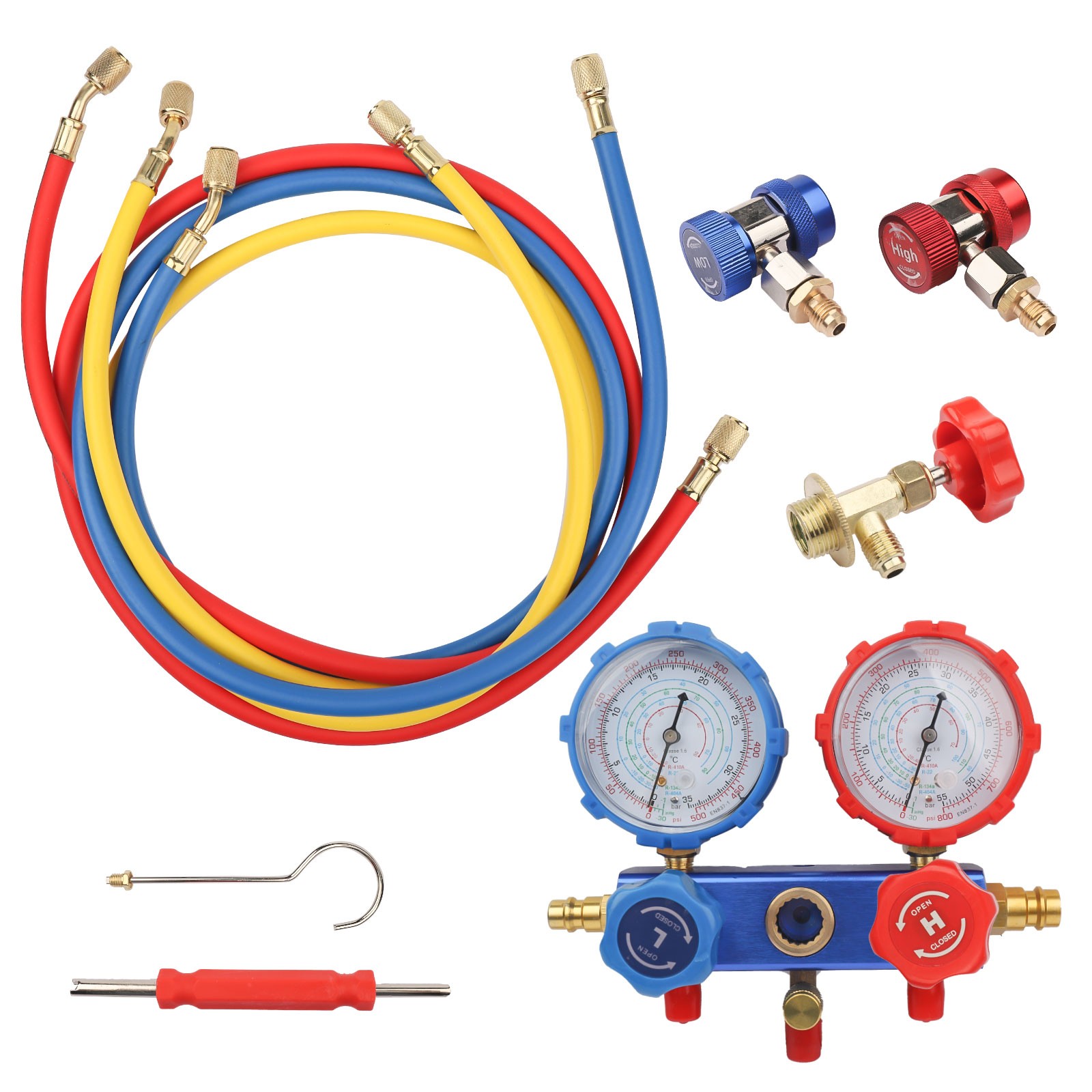 HVAC AC 3 Way Manifold Gauge Set w/ 5ft Hoses R134a R410a R22 R404a Tool Kit
