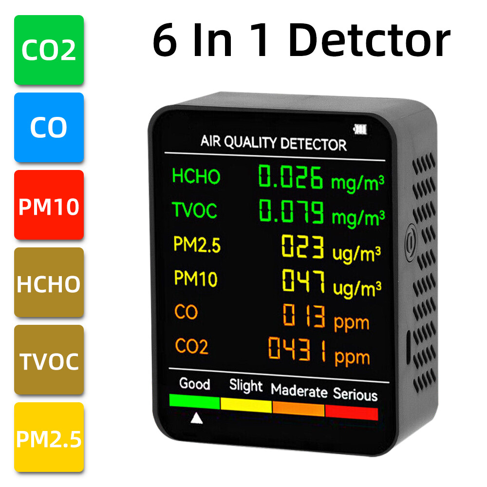 6 in 1 Air Quality Monitor PM CO2 Meter Carbon Dioxide Level TVOC HCHO Detector