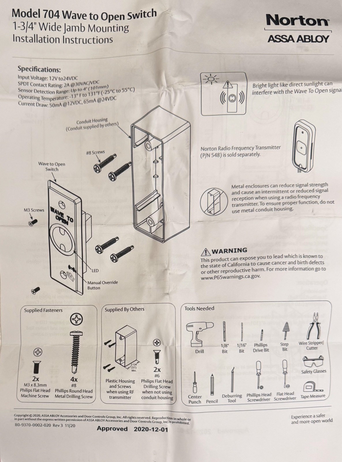 Touchless Wall Switch 1-3/4″ Sensor Norton 704