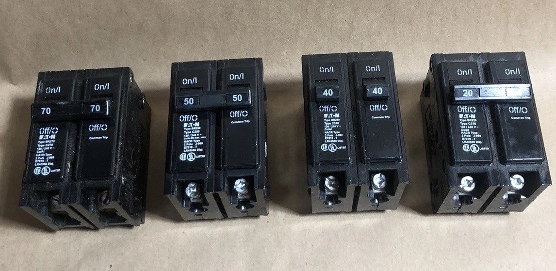 Lot Of Eaton 2 Pole Unit Circuit Breakers Type C Common Trip (70amp, 50, 40, 20)
