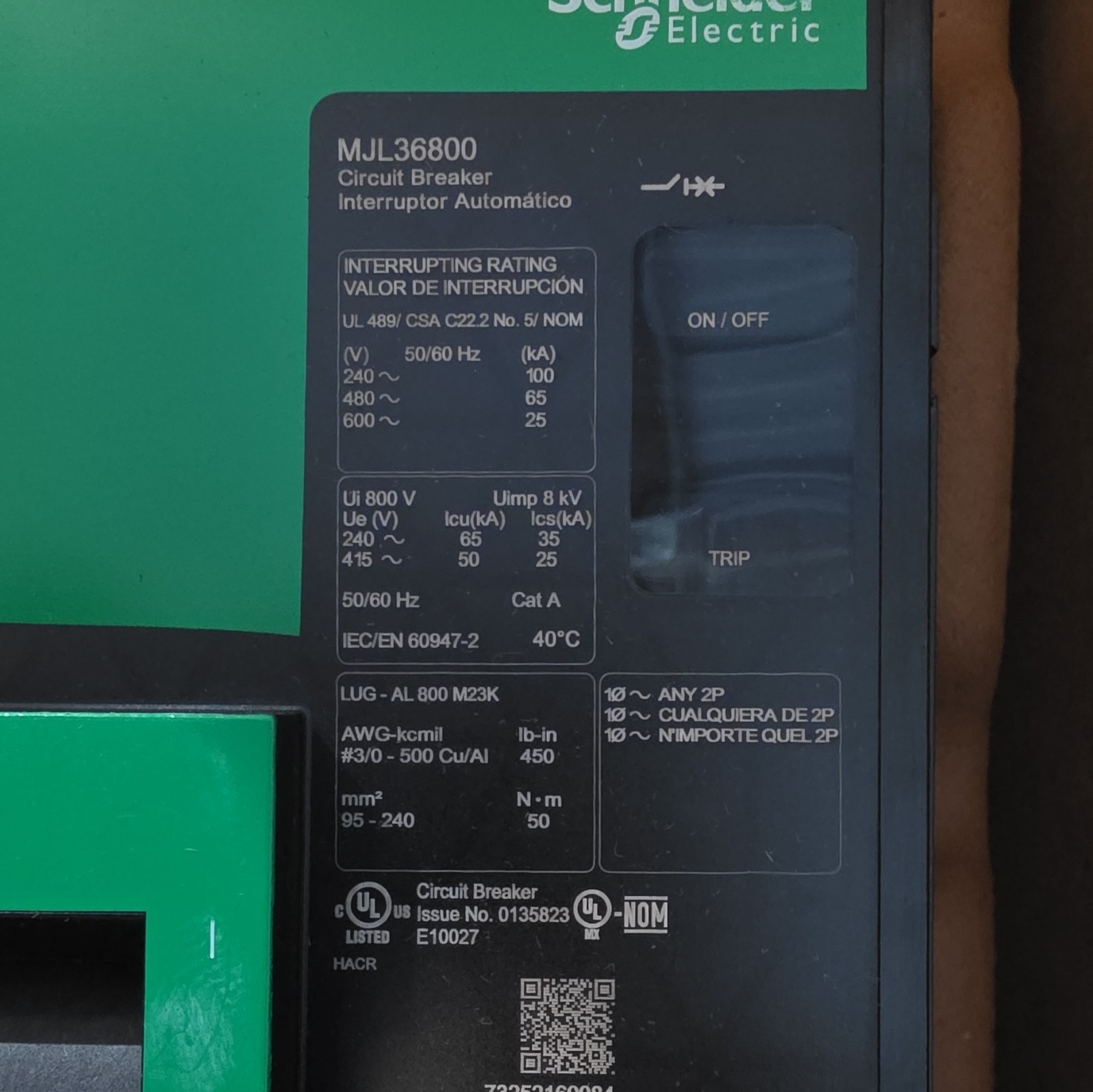 New 800A I LineSquare D PowerPacT MJL36800 Ckt Brkr 800A 3-Pole 600V AC Trip Ind