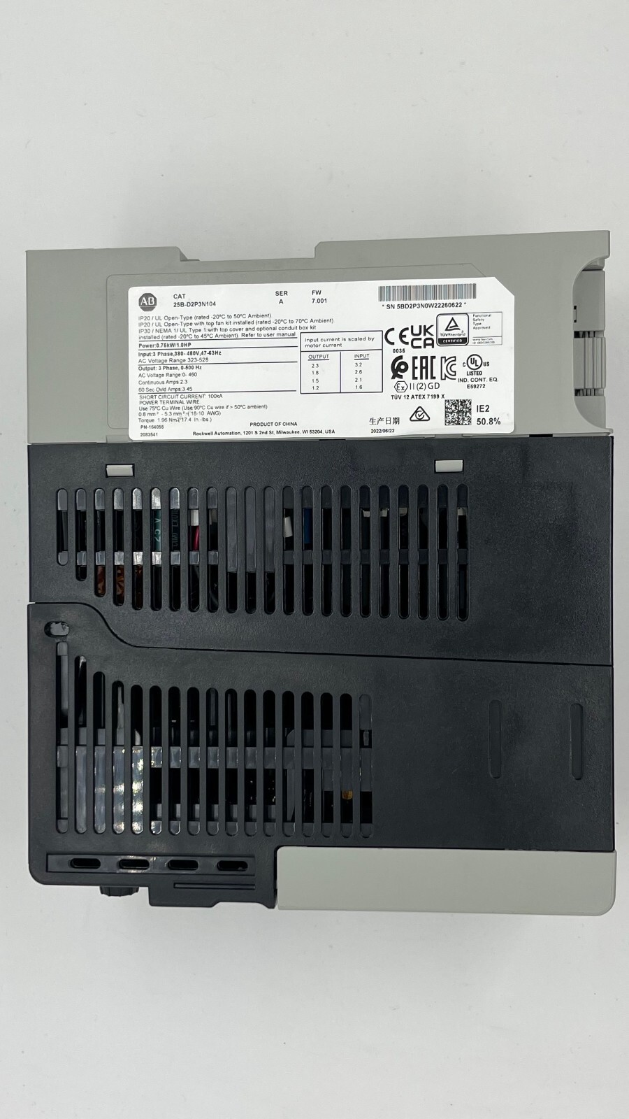 Allen Bradley 25B-D2P3N104 Ser A PowerFlex 525 480V 3-Phase 2.3A 1.0HP AC Drive