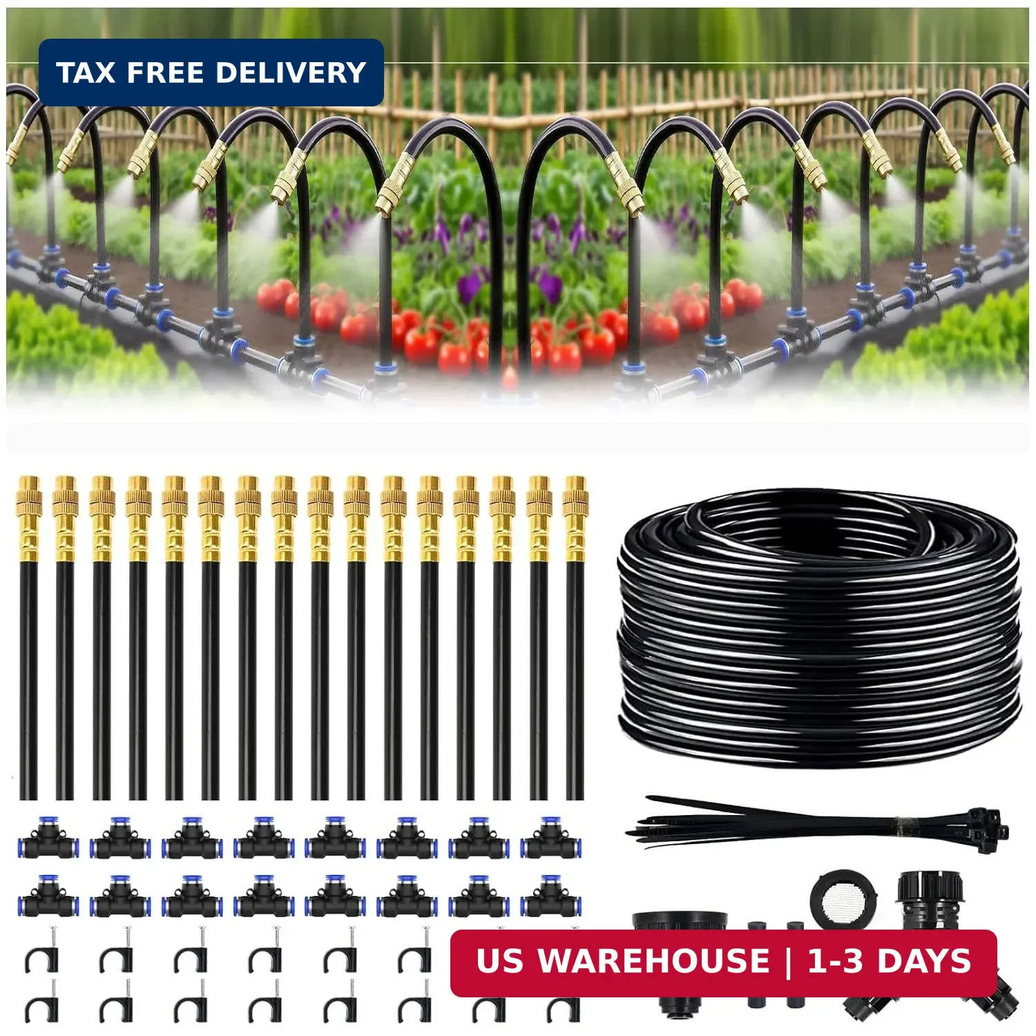 100FT Drip Irrigation System, 1/4 Inch Hose with 360° Adjustable Copper Nozzles