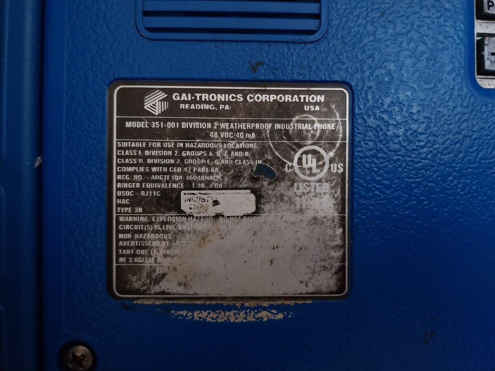 GAI-TRONICS 351-001 Telephone Module for Hazardous Area 10A-46048HAC 48 VDC/40MA