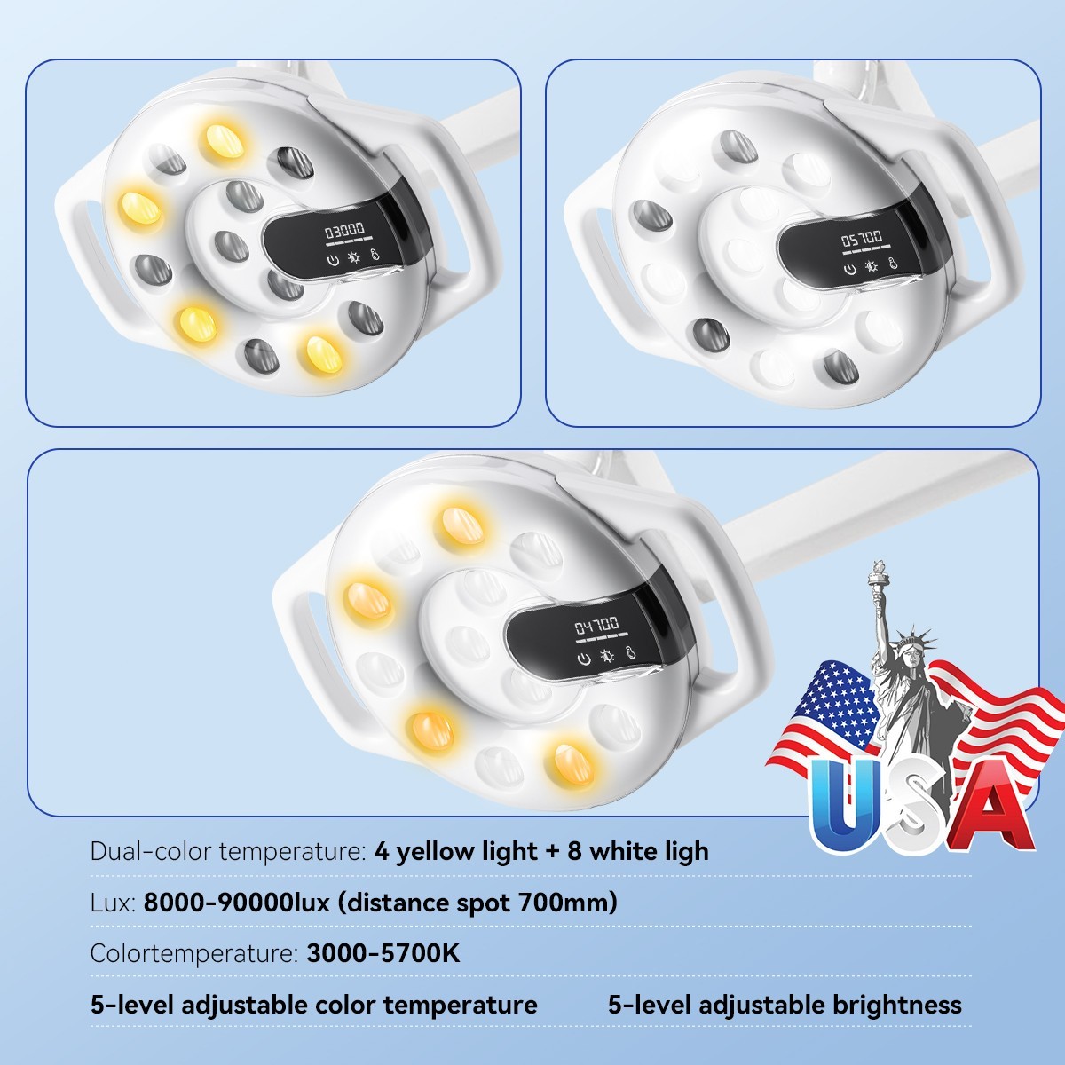 Lámpara Oral LED Dental con Doble Temperatura de Color 3000-5700K 90000 Lux
