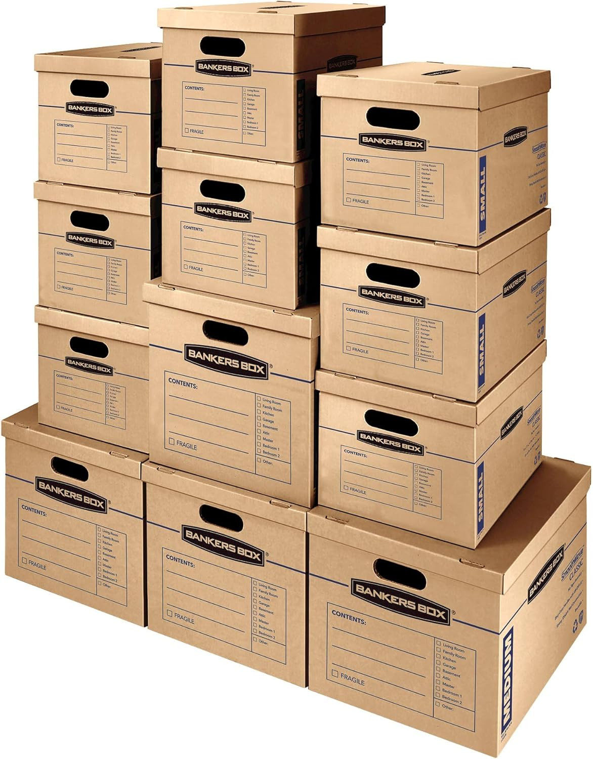 Classic Moving Box 12 Pack Kit, Reinforced Handles, Tape-Free Assembly, Box with