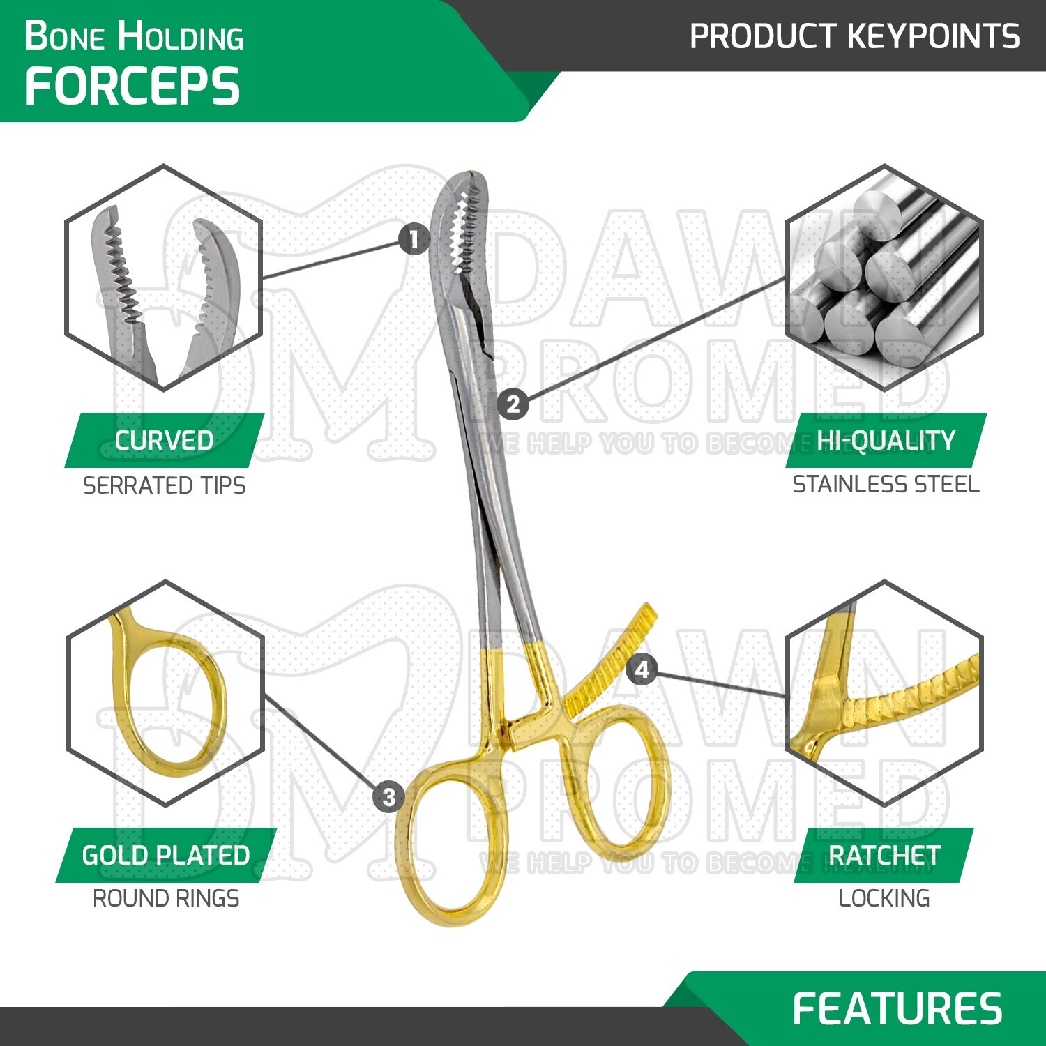 3 Pcs Bone Holding Forceps Curved Serrated 5.5″ Gold Plated Instrument German Gr