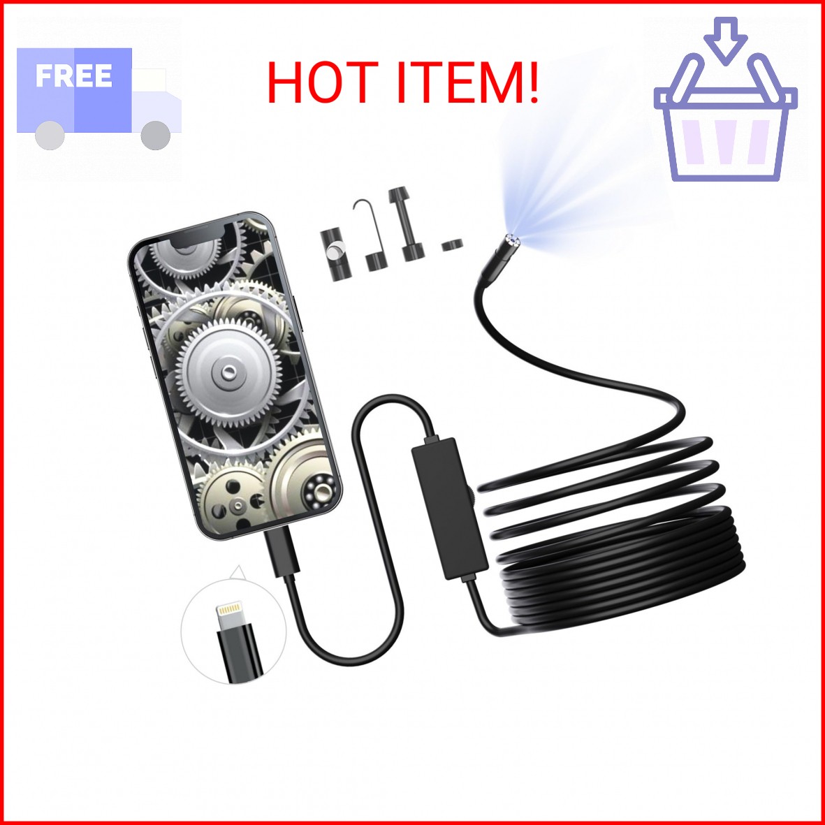 Endoscope Camera with Light, 1920P HD Borescope with 8 Adjustable LED Lights, wi